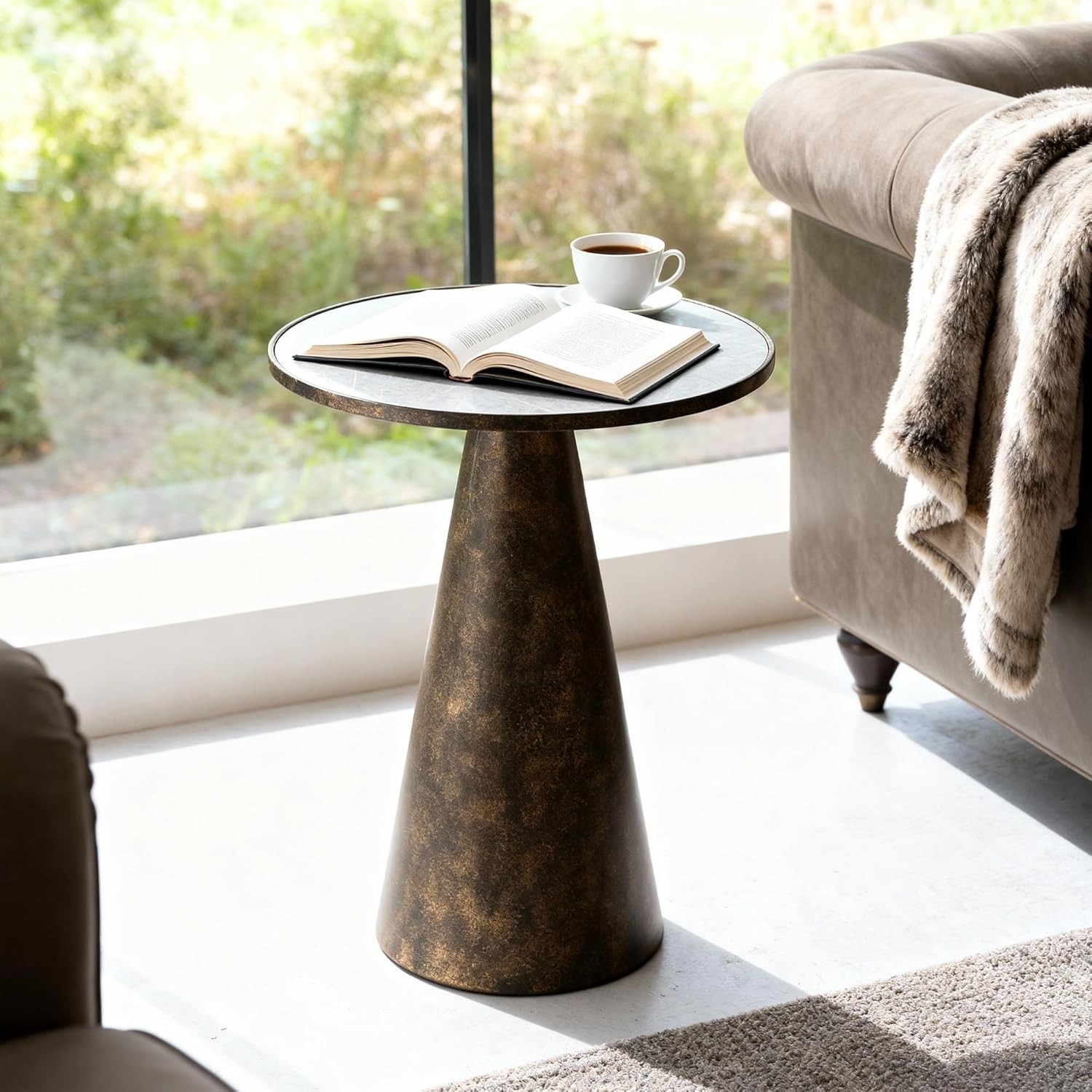 Hyfirm Antique Brass Pedestal Round End Table Faux White Marble Top 16x16x23″