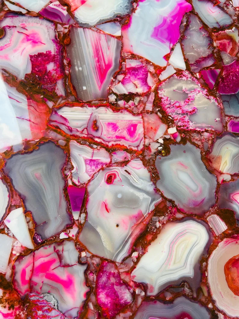 Pink Agate Round Scalloped Table Handmade Luxury Gemstone Accent Table 24″
