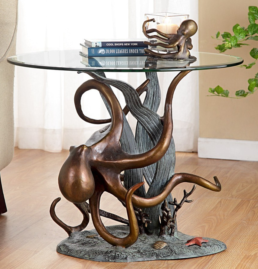 Octopus And Seagrass End-Side Table Aluminum Glass Home Decor-24”D x 21.5”’H