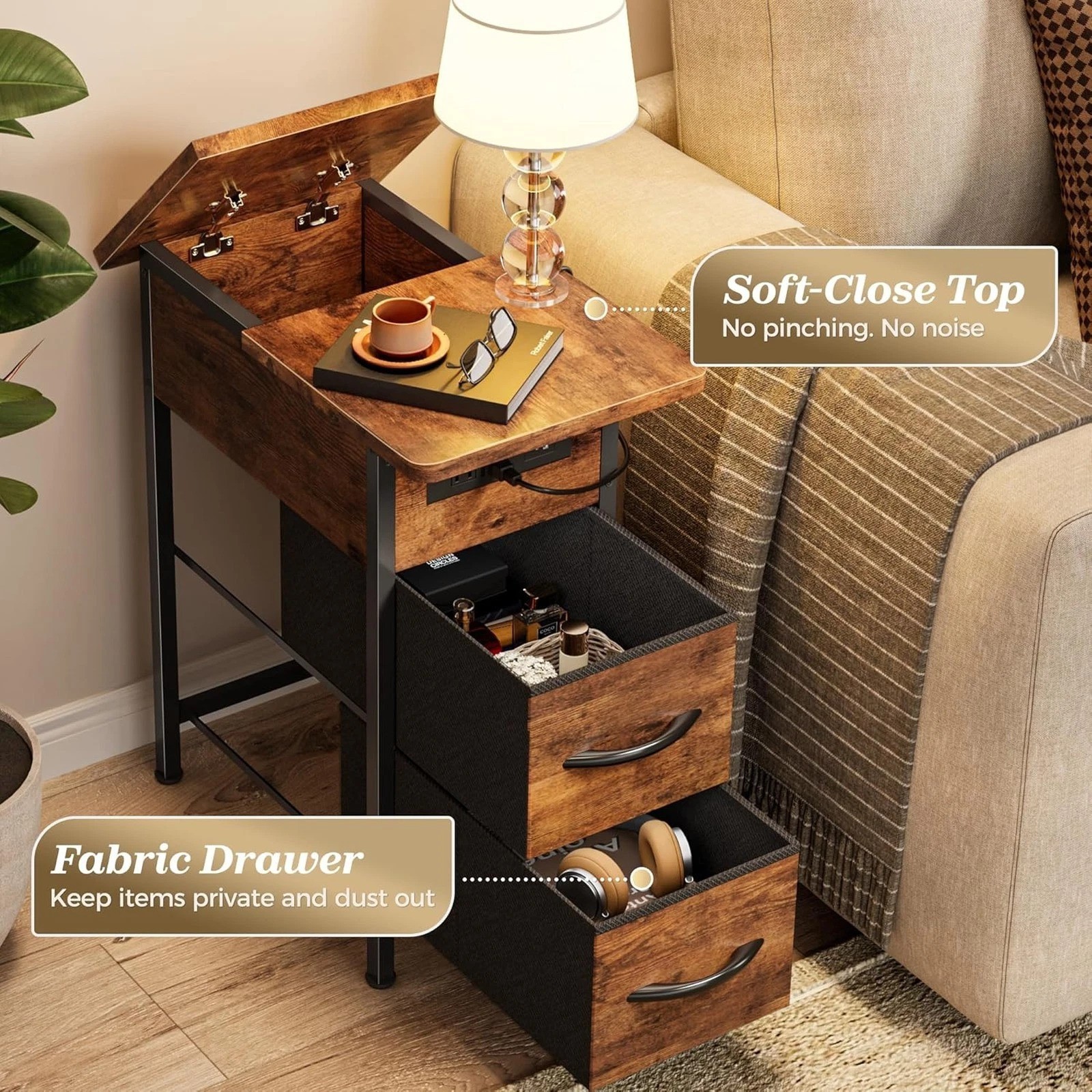 End Table with Charging Station and Fabric Drawers, Slim Nightstand with USB C