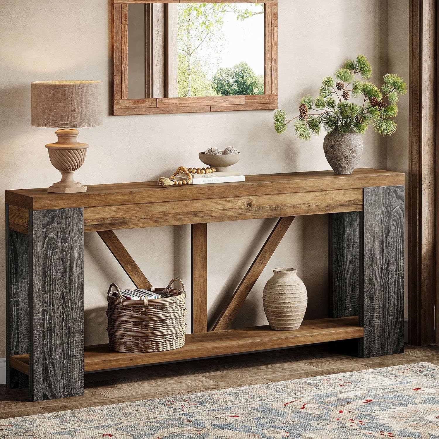 70.9″ Narrow Long Console Table 2-Tier Farmhouse Entryway Table w/ Storage Shelf
