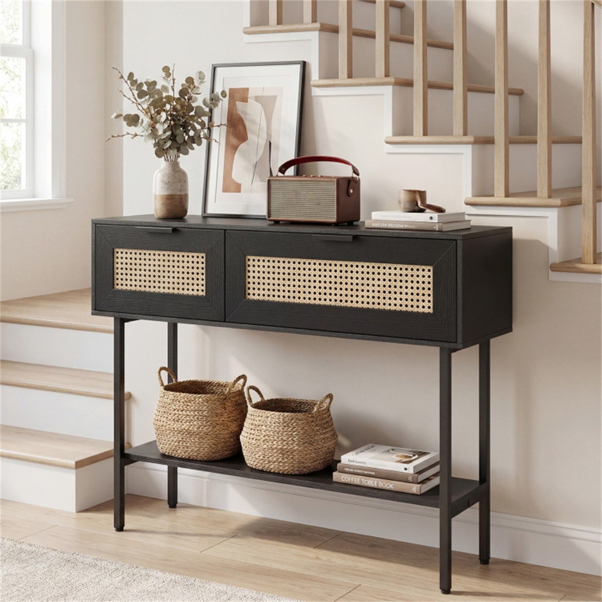 40″Black Rattan Console Table–2 Storage Cabinets & Open Shelf,Carbon Steel Frame