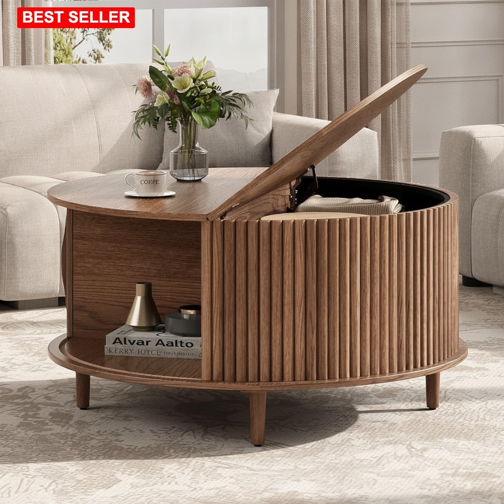 Coffee Table 31.5 Inch Round Walnut Storage Flip Top Sliding Door