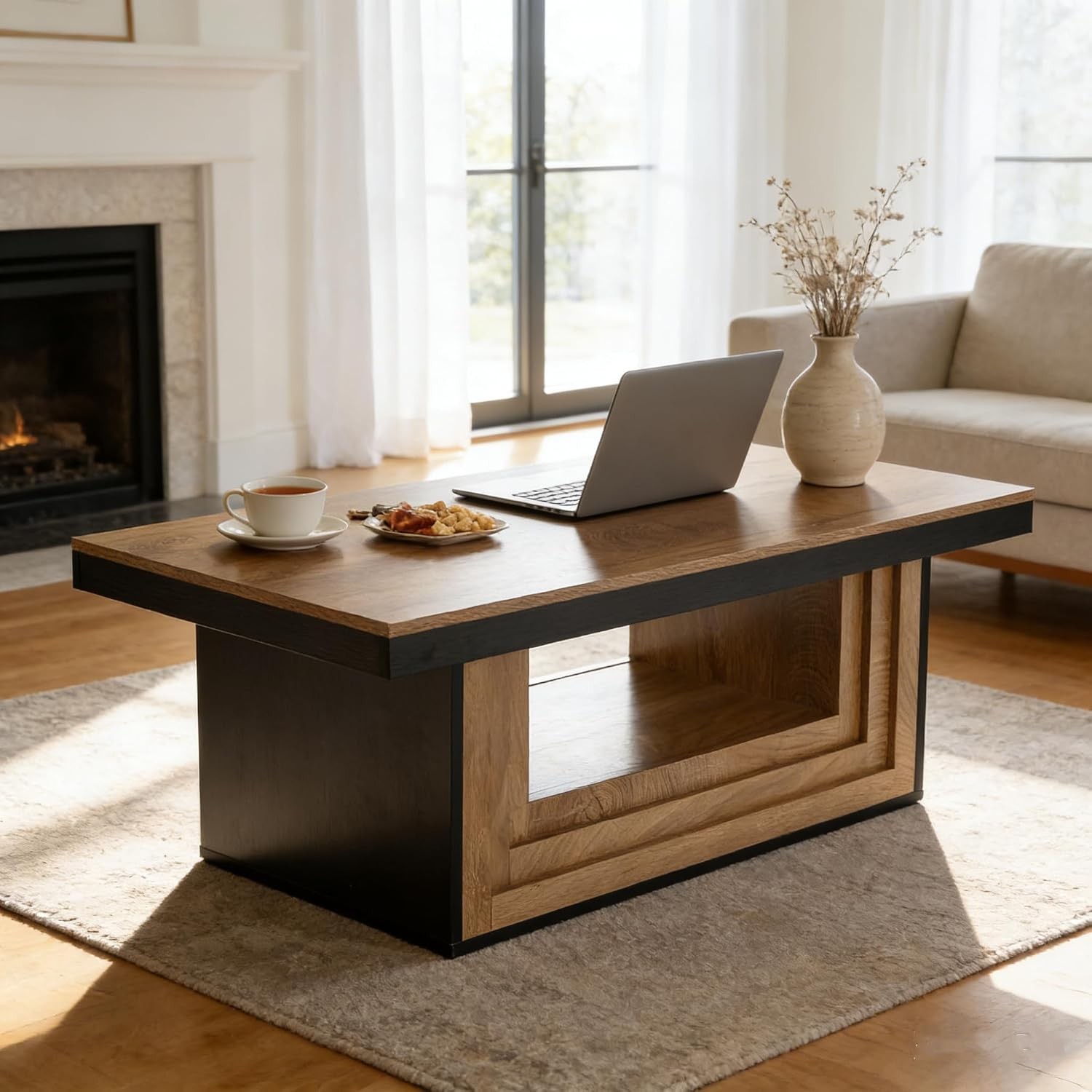 Rectangular Open Storage Coffee Table 120cm Rustic Ribbed Center Table w/ Shelf
