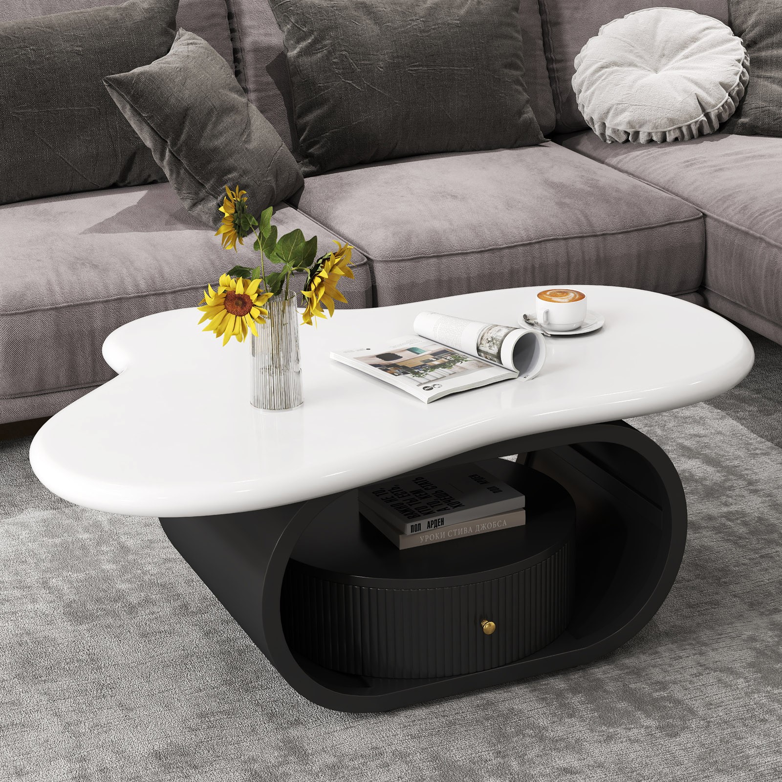 Black+White 39″ Irregular Coffee Table Center Table w/ Drawer,Shelf Home Office