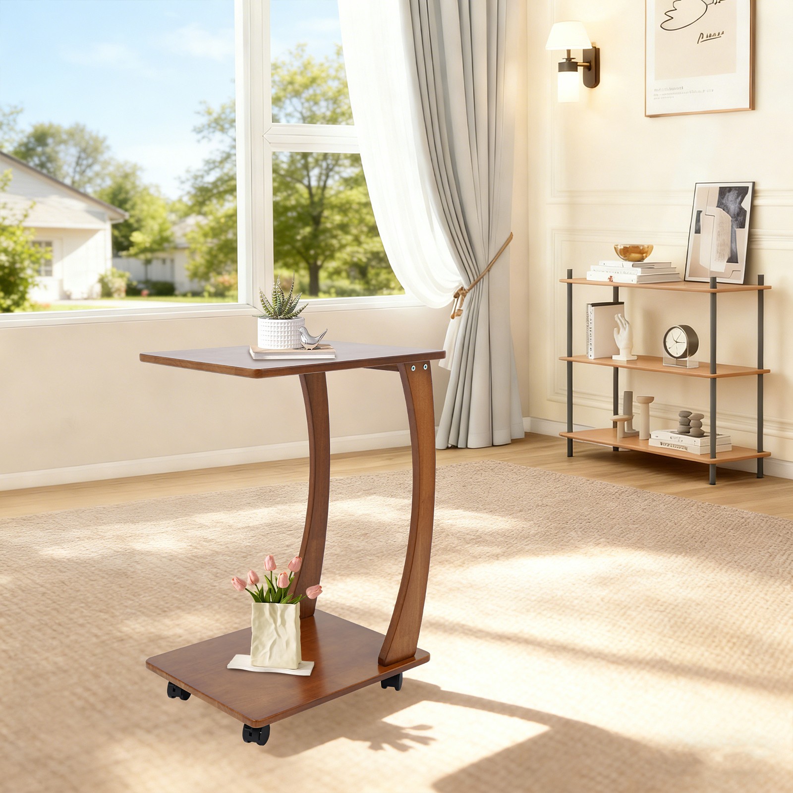 Solid Wood End Table with Rolling Wheels, C Shaped Side Table, TV Tray Table
