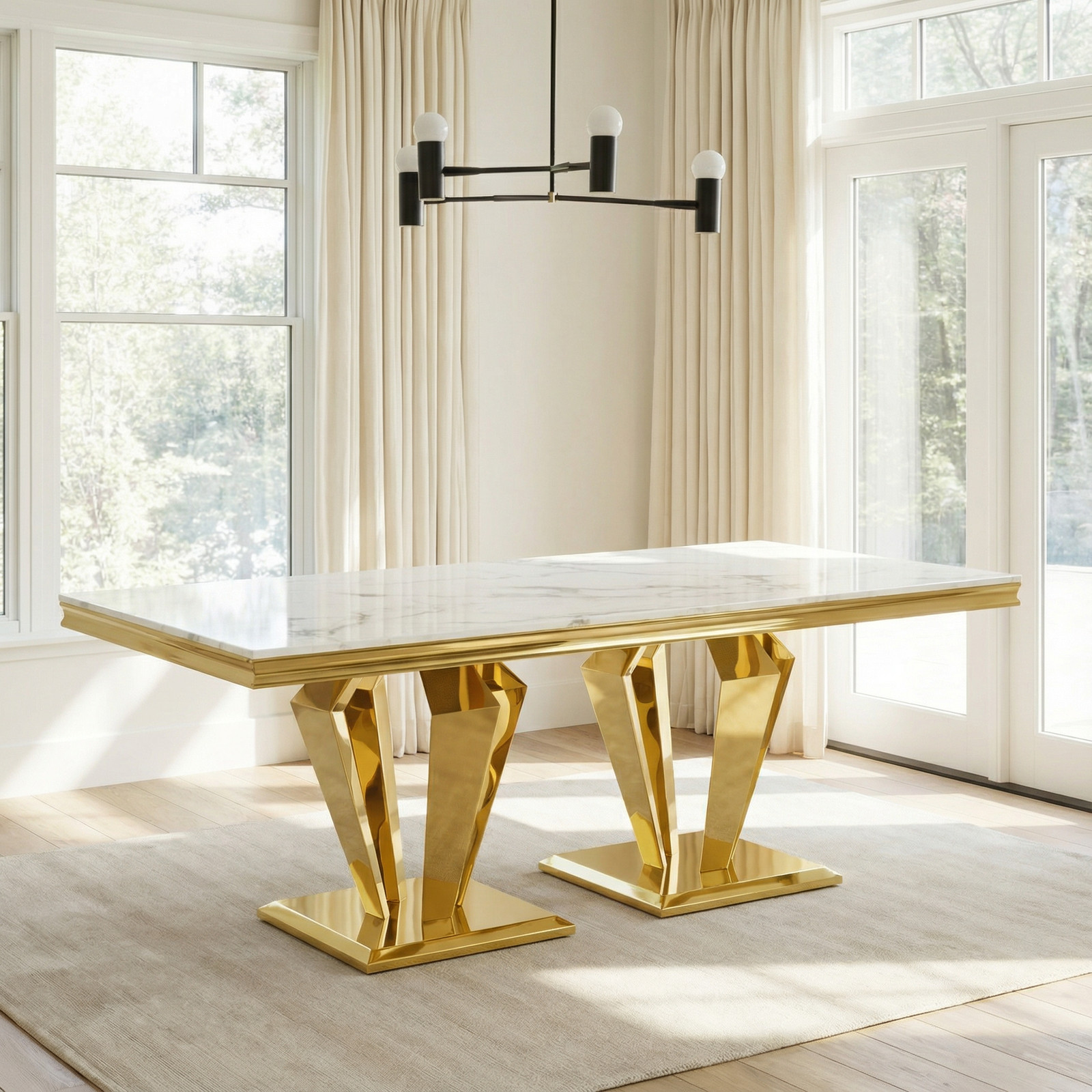 MDF Marble Top Dining Table for 6 White Gold 66.9″ Stainless Steel Base