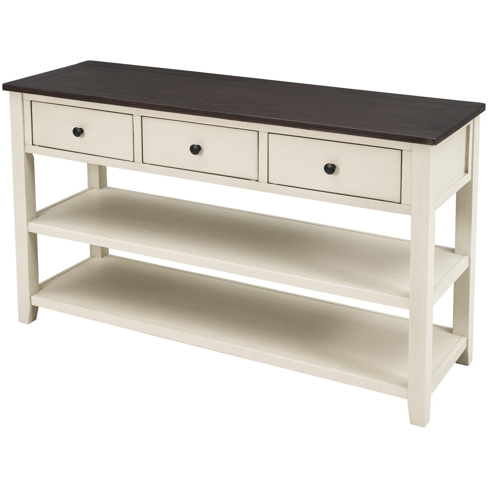 Retro Design Console Table with Two Open Shelves Pine Solid Wood Frame and Legs