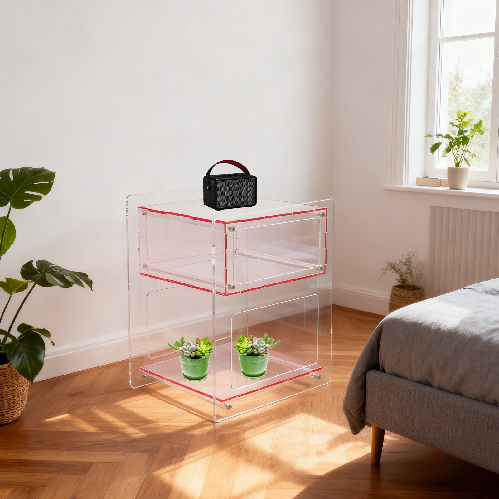 Pink Clear Acrylic End Side Table 2 Tier Decorative Nightstand 15.7″x11.8″x19.7″