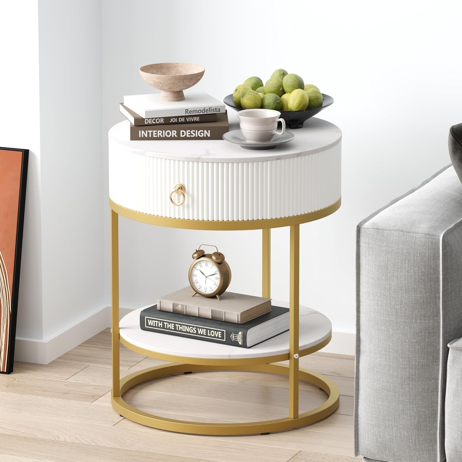 19.7″ Round Side Table with Drawer, Modern Faux Marble End Table with Open