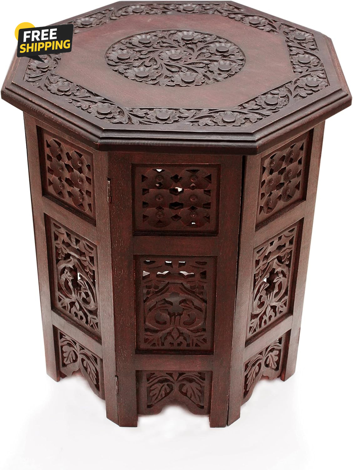 Solid Wood Accent End Table – Hand Carved Vintage Boho Folding Side Table