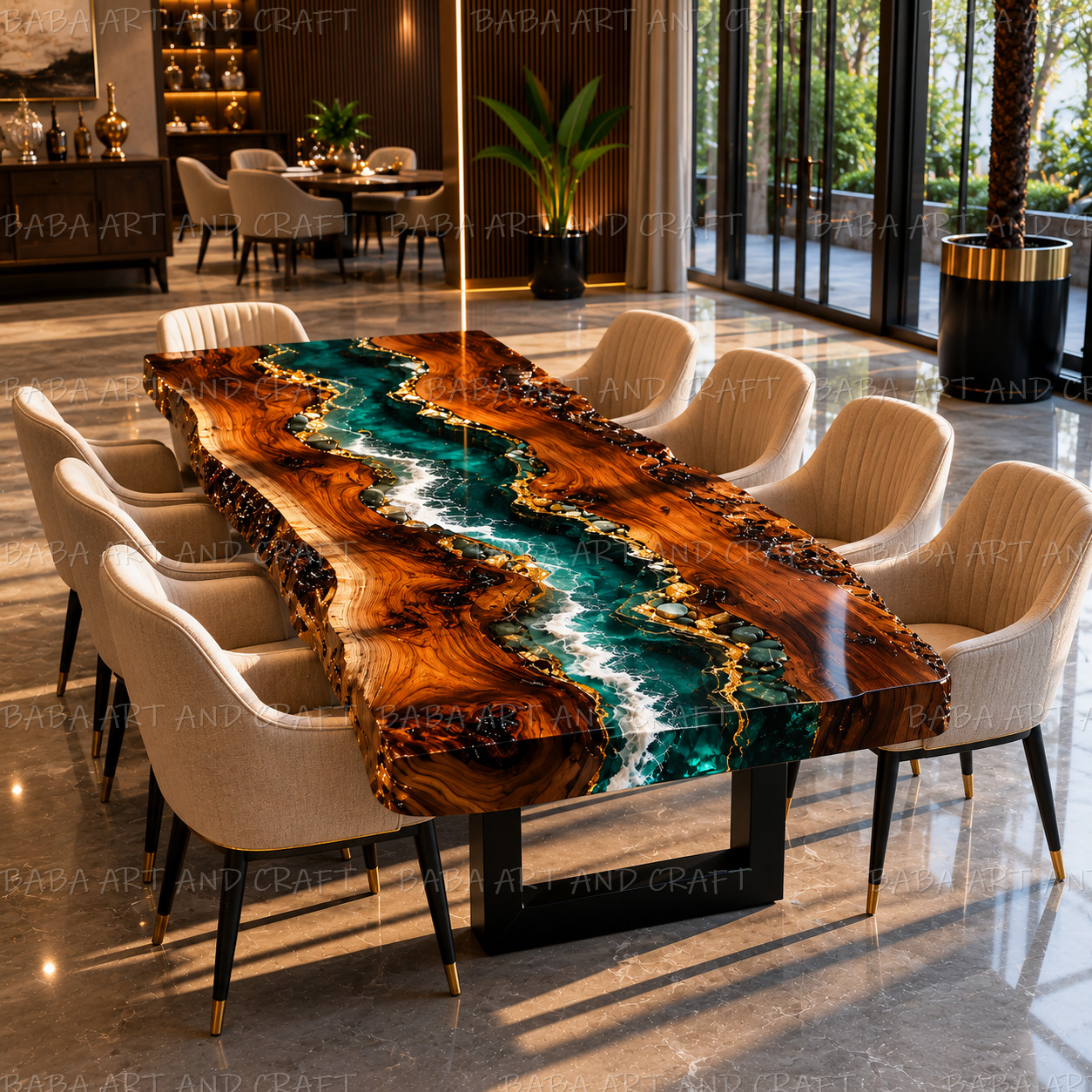 Luxury Live Edge Epoxy River Dining Table Walnut Wood Custom Ocean Wave Table