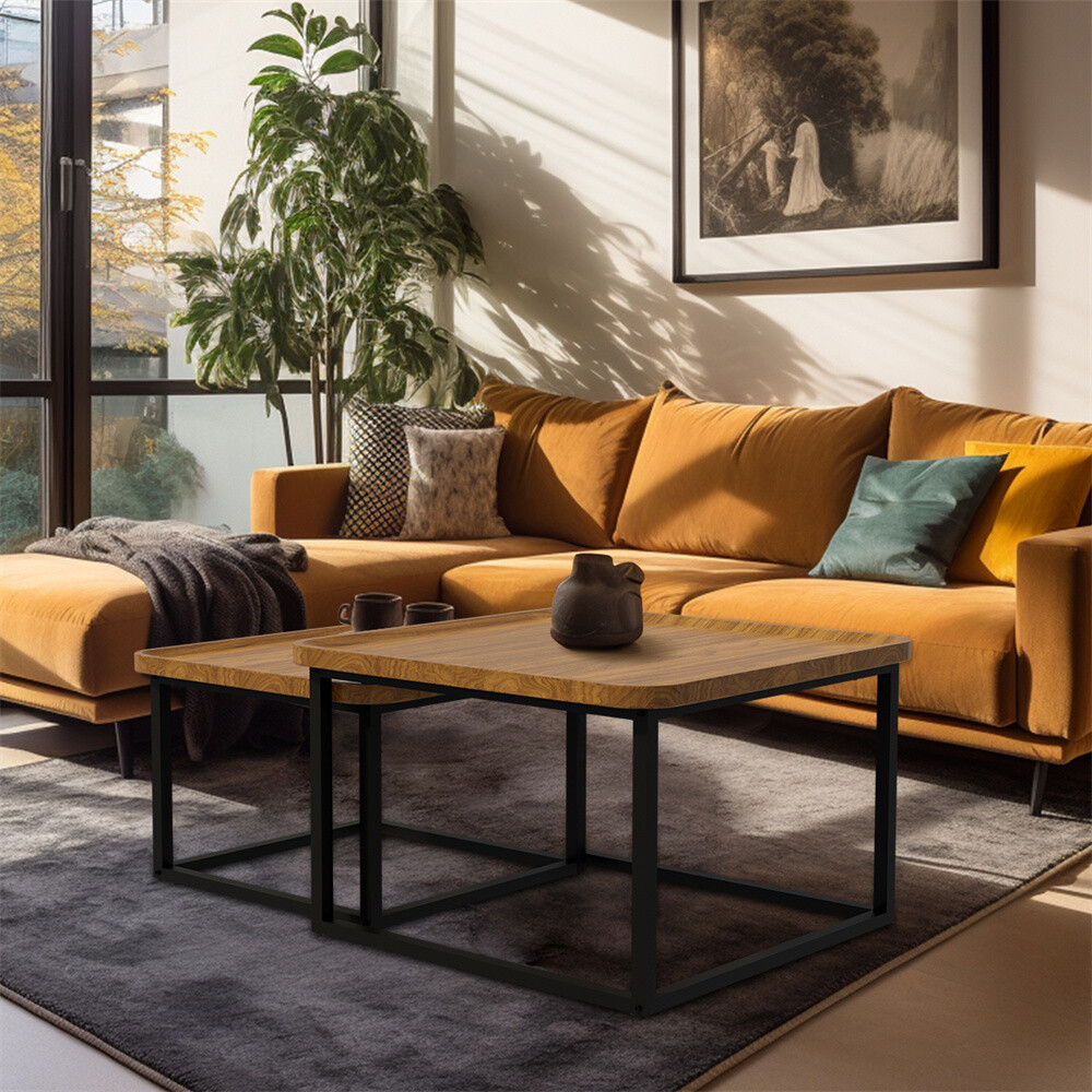 2pcs Industrial Coffee Table Rustic Steel Accent Table for Living Room Stackable