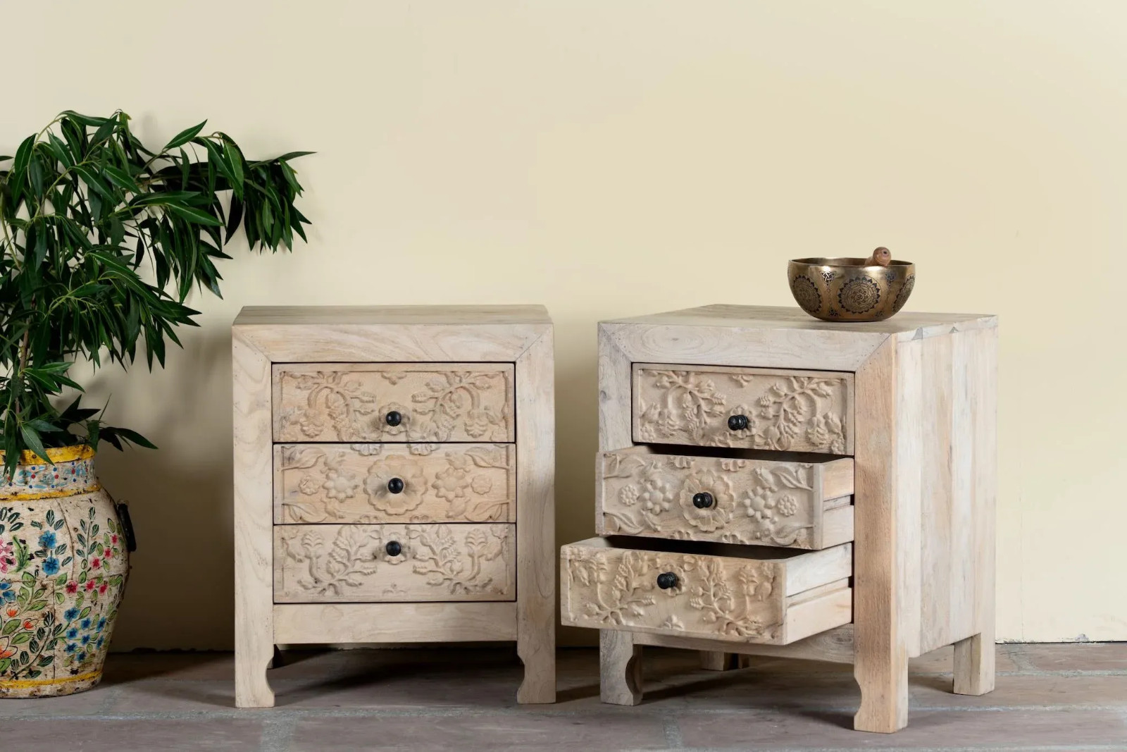 Artisan Handmade Bedside Table Solid Wood Hand Carved 19.7 × 15.7 × 23.6 inches