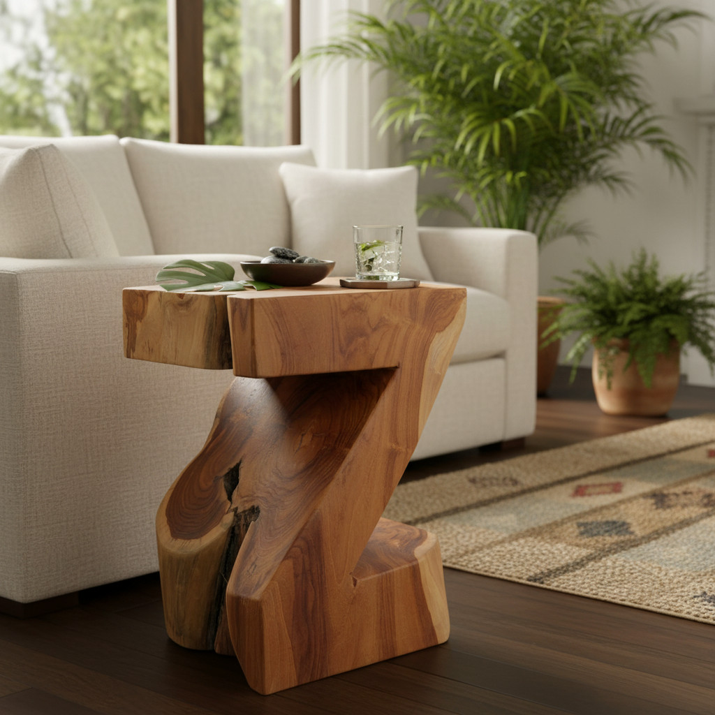 Kinaree Teak Root Wood Z-Form Side Table, Solid, 30x30x40 cm, Brown