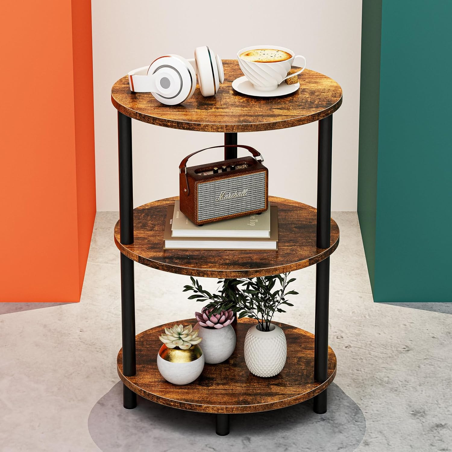 Round Pedestal End Table – 3-Tier Oval Accent Table for Small Spaces, Rustic Woo
