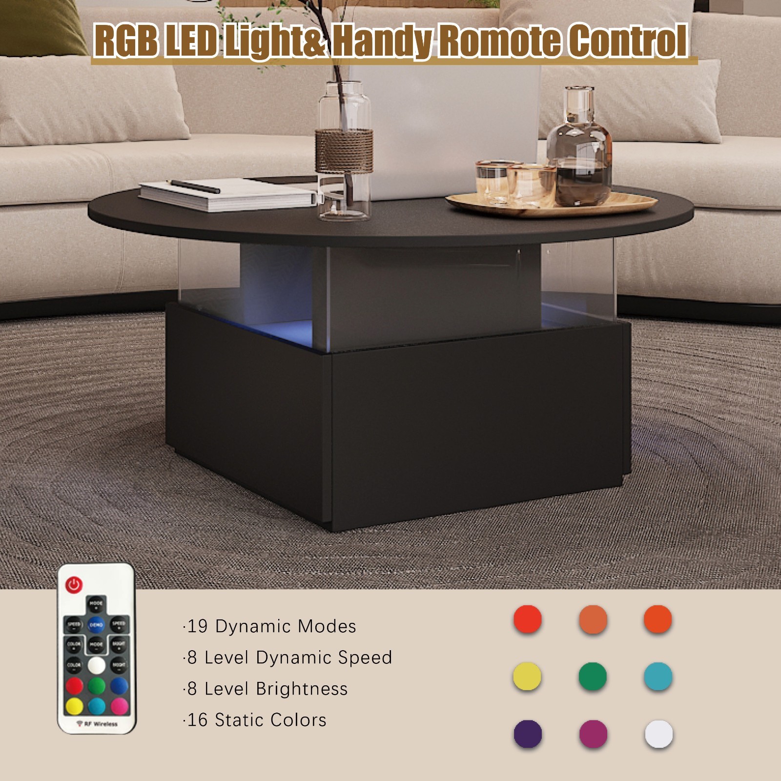 Round LED Coffee Table with 2 Sliding Drawers Wood Center Table for Living Room