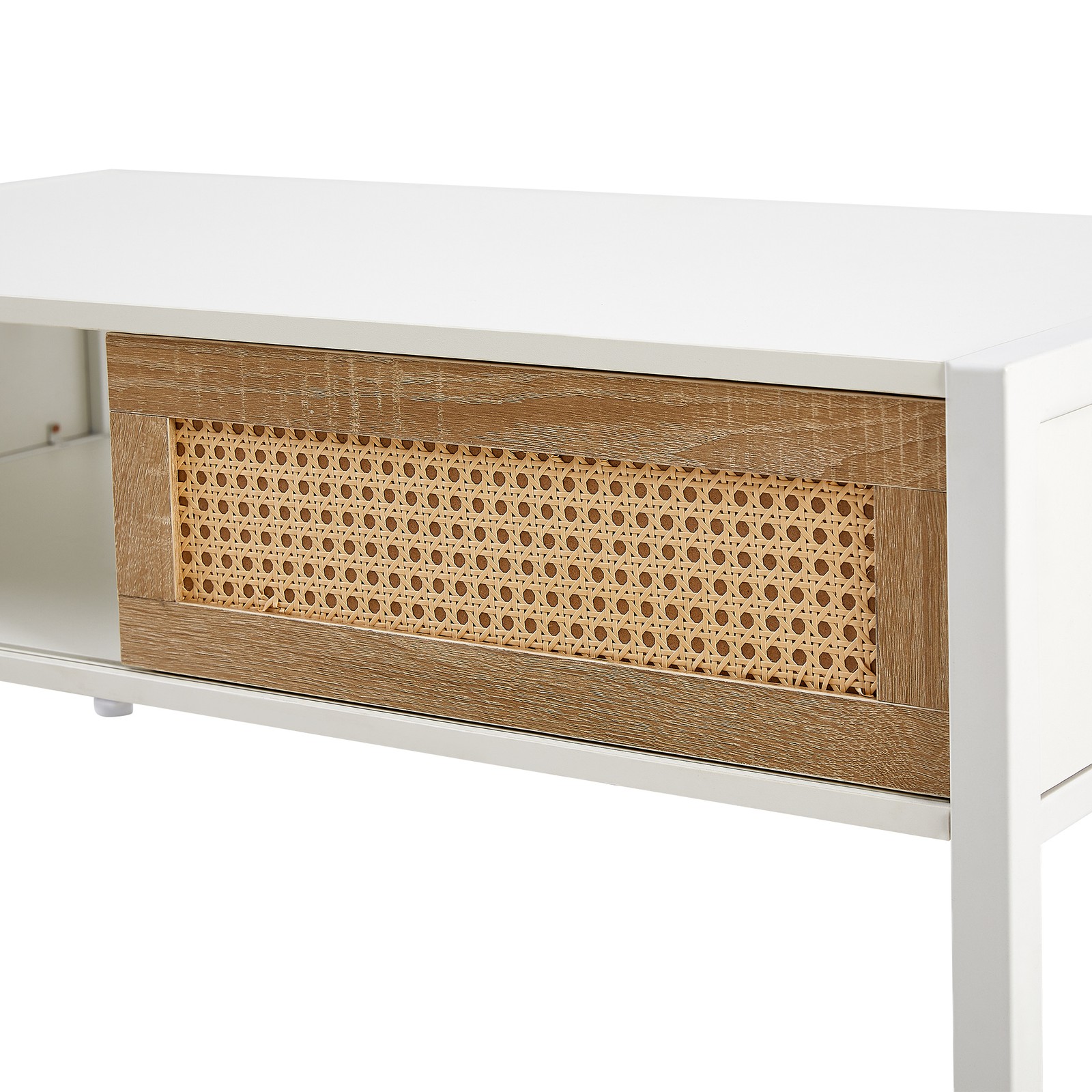 Rattan Wood Coffee Table Sliding Door Storage Center Table Metal Leg Modern New