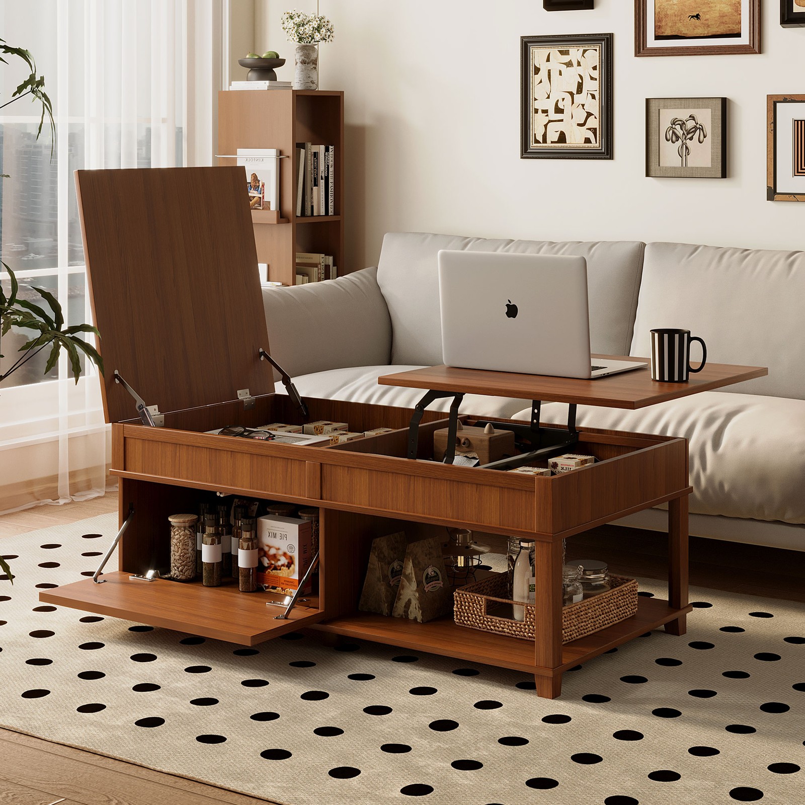 Lift-Top Coffee Table with Hidden Compartment & Shelf, Brown