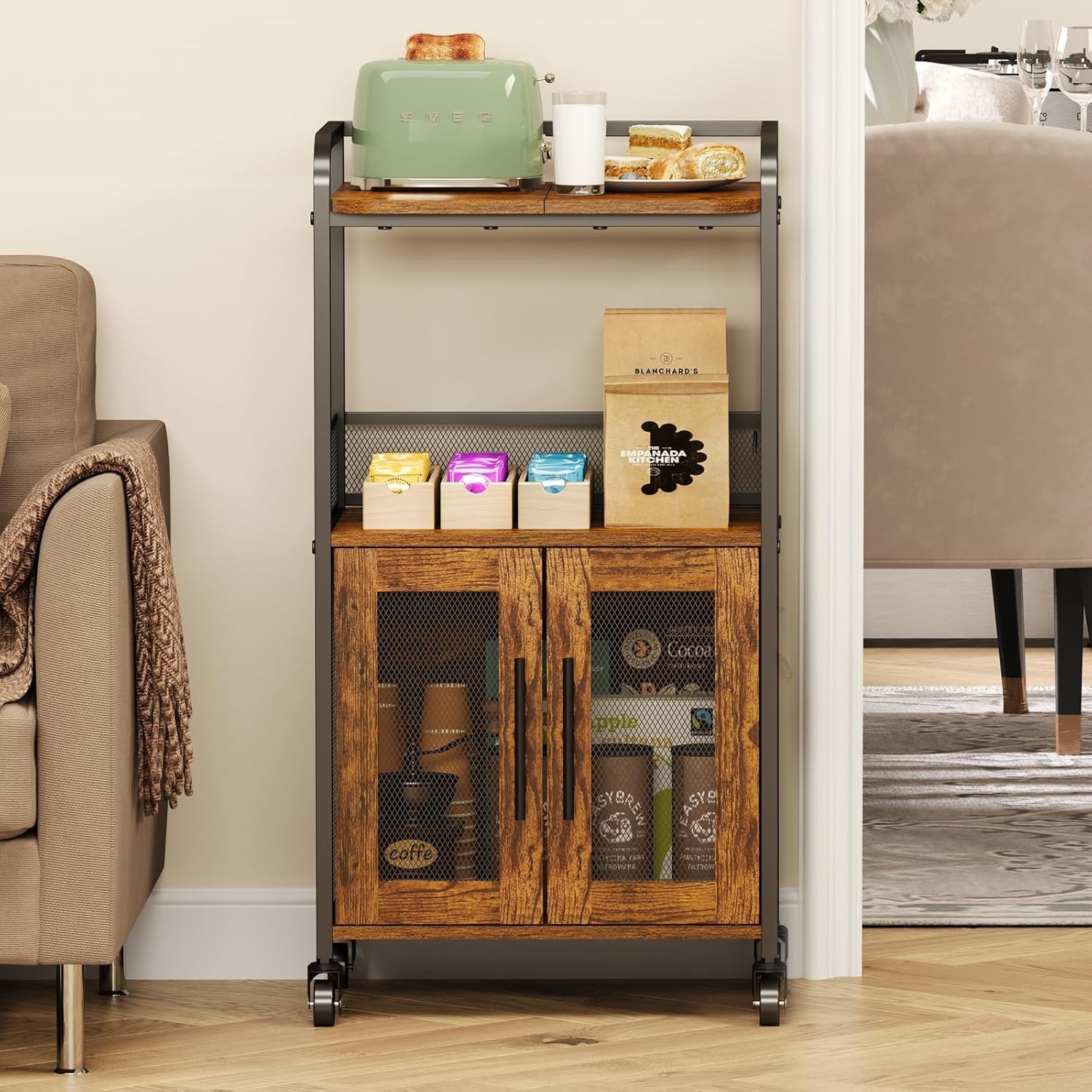 Small coffee bar cabinet with storage 3 tier rolling coffee cart rustic brown