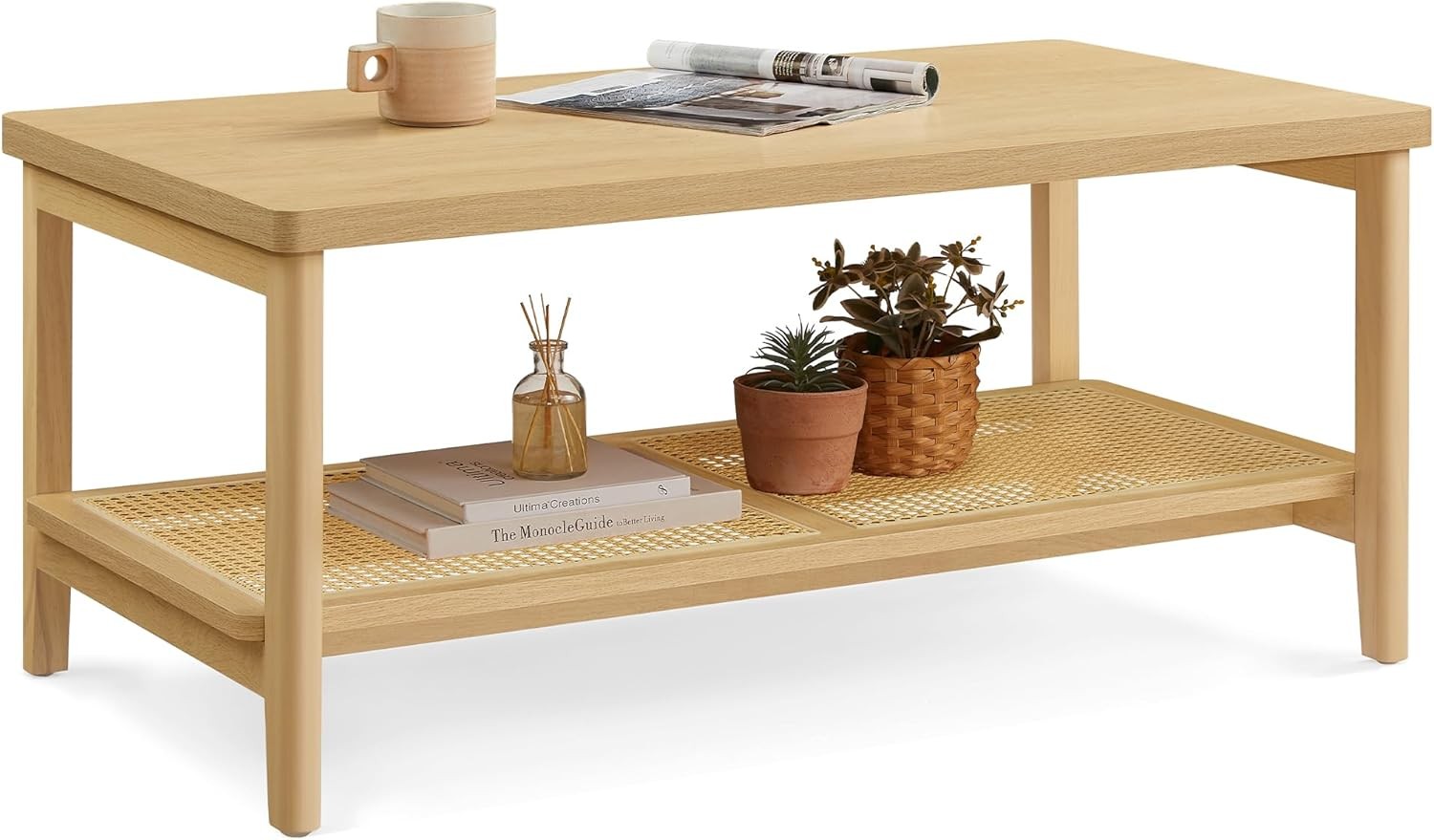 2-Tier Coffee Table Living Room Rectangular Living Room Table W/ PVC Rattan