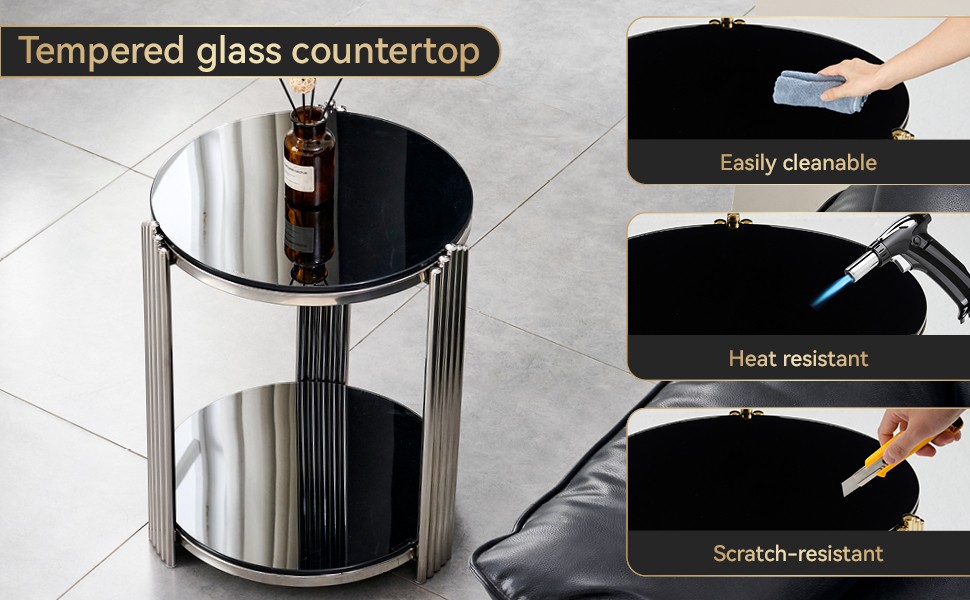 Modern End Table Round Black Glass Silver Steel Double Layer 16.9″