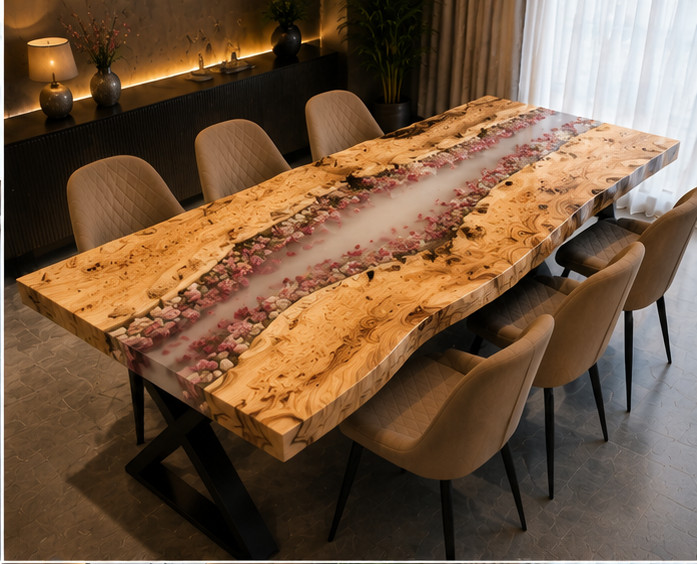 Live Edge Olive Wood Epoxy River Dining Table Pink Pebble Resin Handmade Handmad