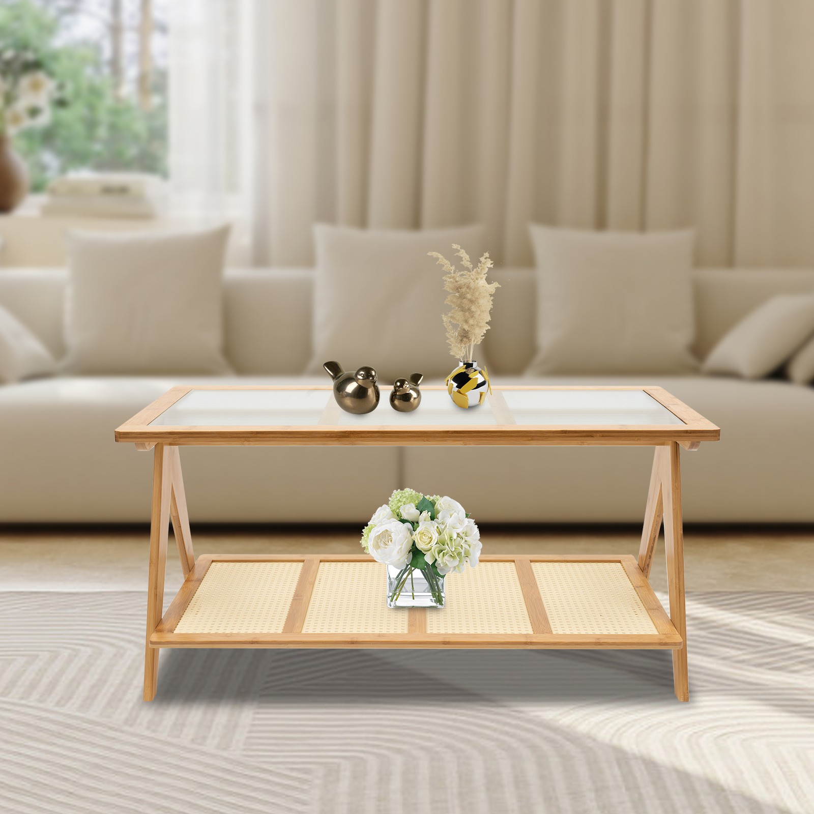 Living Room Coffee Table Glass Tabletop Modern Side Table with Lower Shelf Home