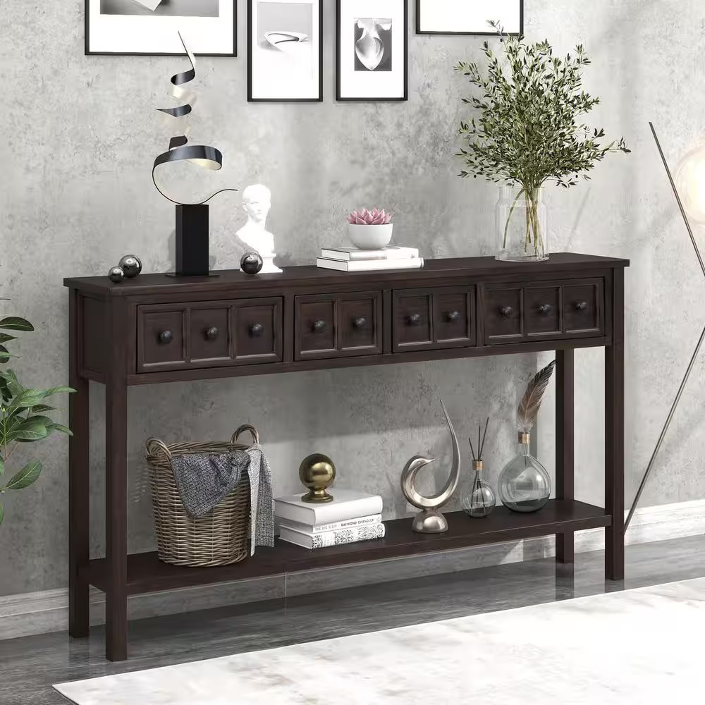 60 In. Espresso Rectangle Wood Console Table with Drawers