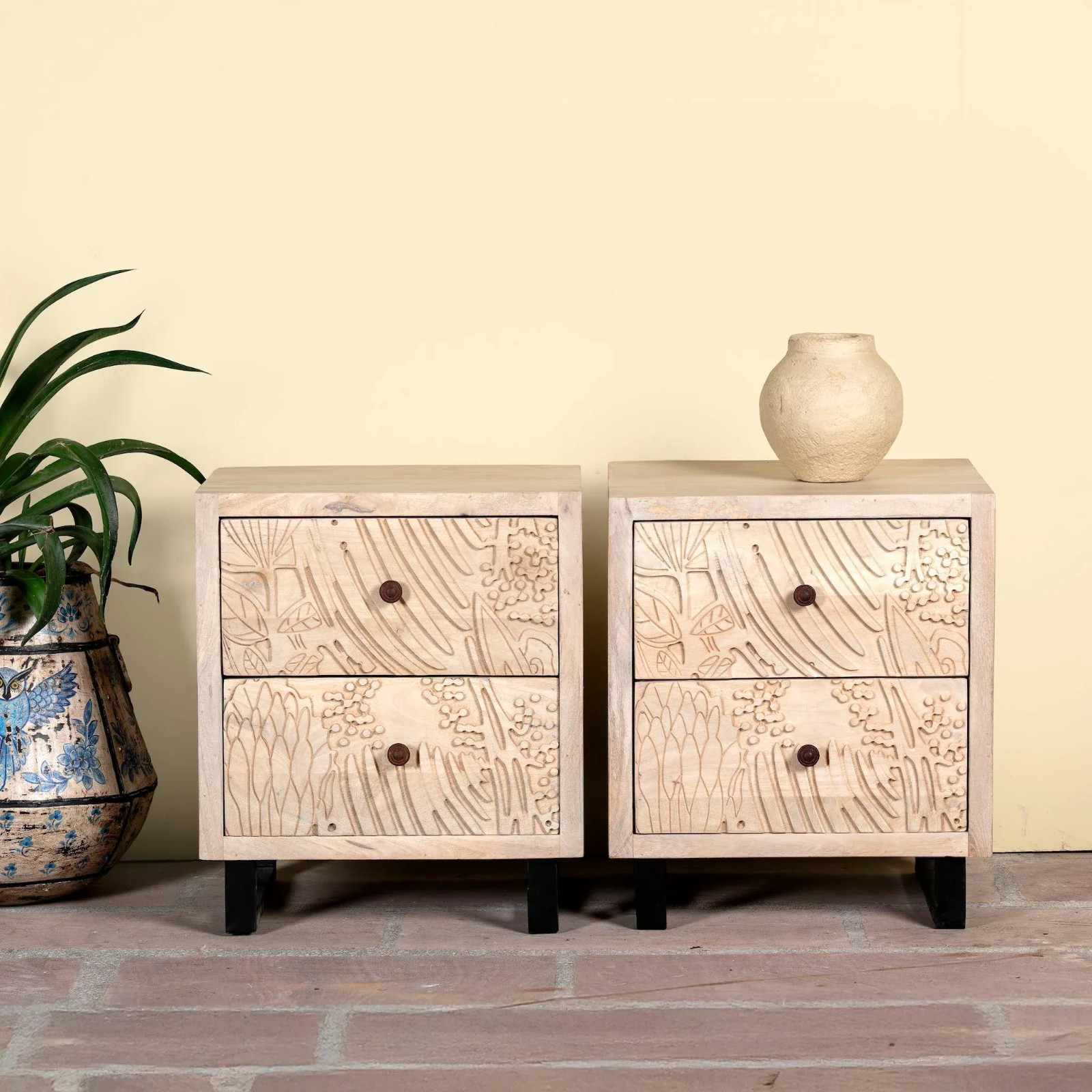 Artisan Handmade Bedside Table Solid Wood Hand Carved 20.1 × 16.1 × 23.2 inches