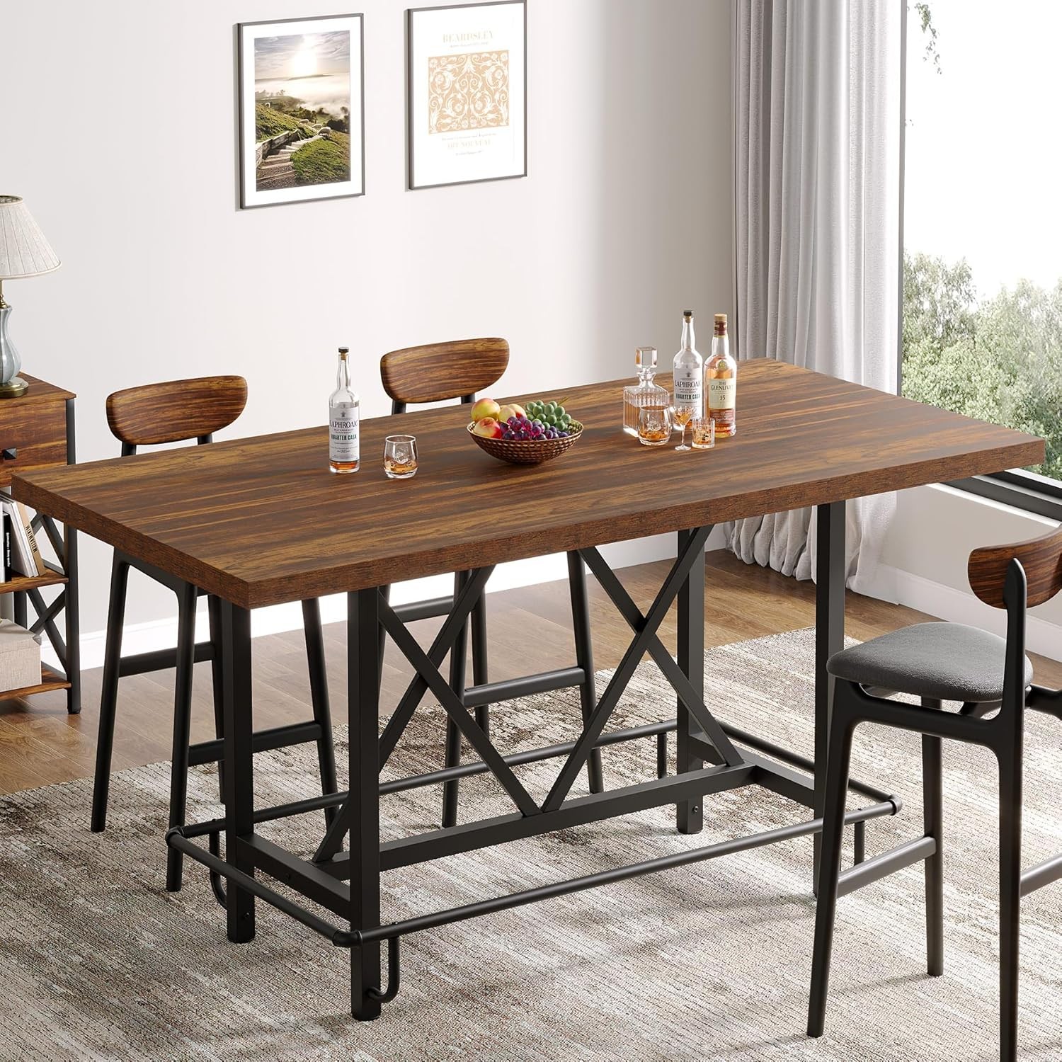 63-Inch Bar Table, Industrial Counter Height Pub Table with Metal Footrest,Brown