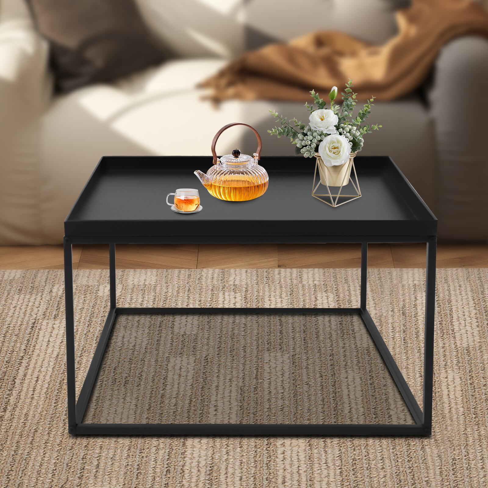 59cm Metal Square Coffee Table End Table/Side Table For Office/Home Matt Black