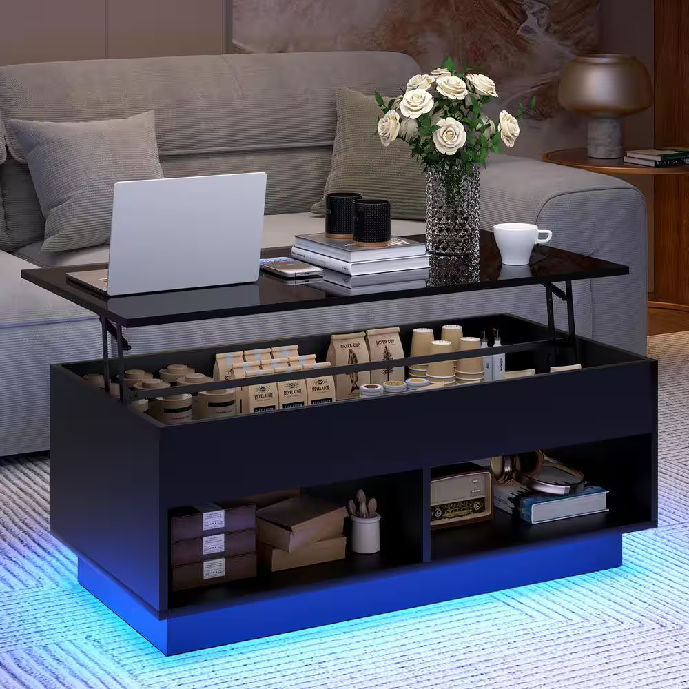 40.16 In. Black Rectangle Wood Lift Top Coffee Table with RGB LED Light, Hidden