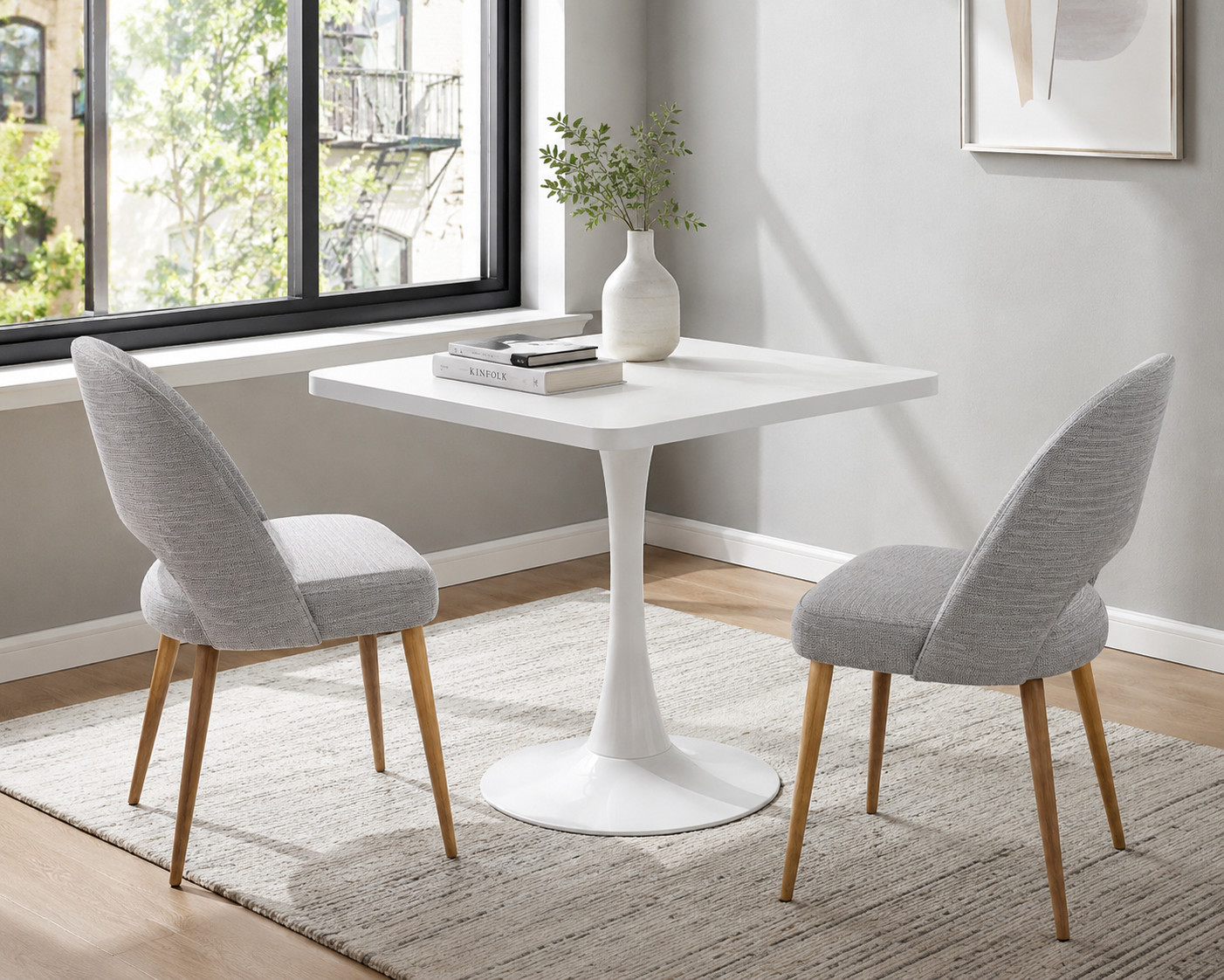 Square Dining Table 27.6″ White MDF Metal Pedestal Mid Century Modern