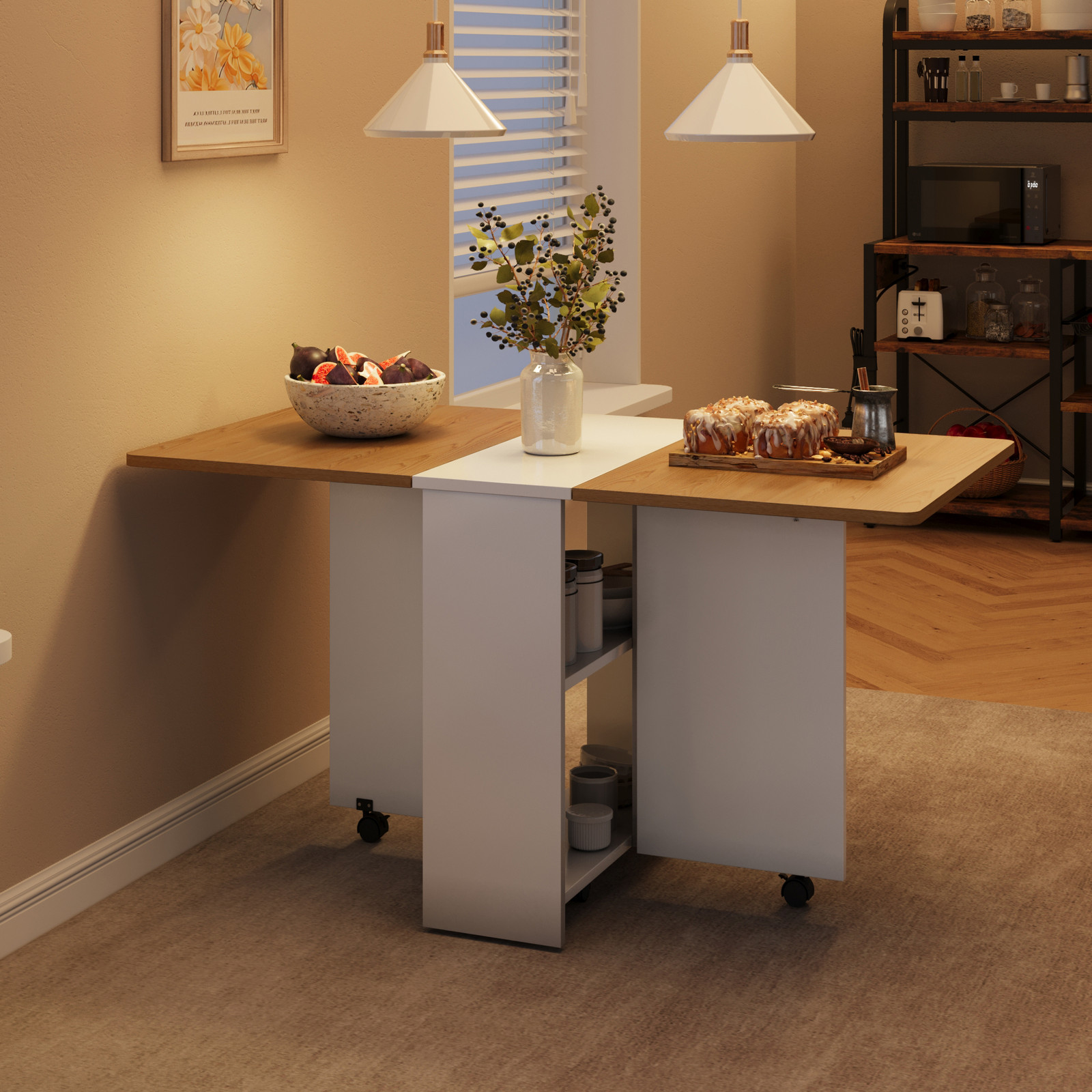 Folding Dining Table for 4, Drop Leaf Table with 6 Wheels & 2 Tier Open Shelves