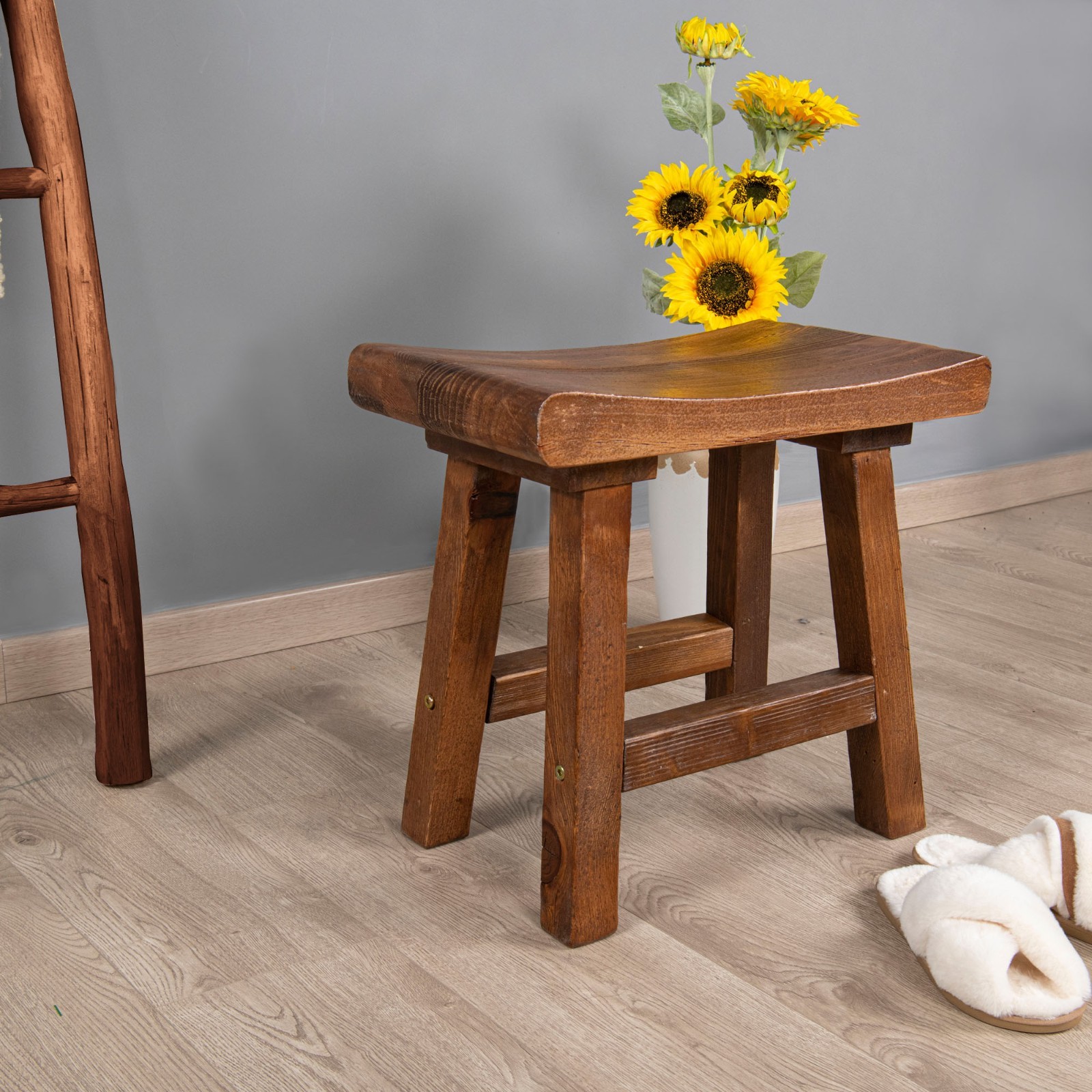 Rustic Old Pine Wooden Stool Bench Side Table Farmhouse Bedside Table 18.5″ H