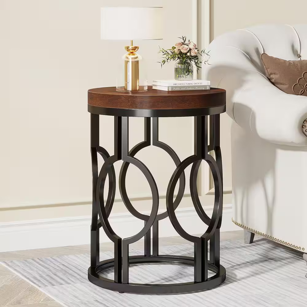 17.72 In. Rustic Brown round Engineered Wood End Table, Side Table Nightstand wi