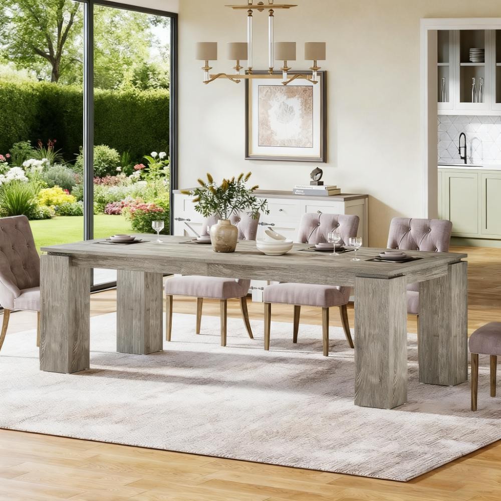 Large Farmhouse Dining Table Seats 8-10 People 86 Inch Engineered Wood Gray