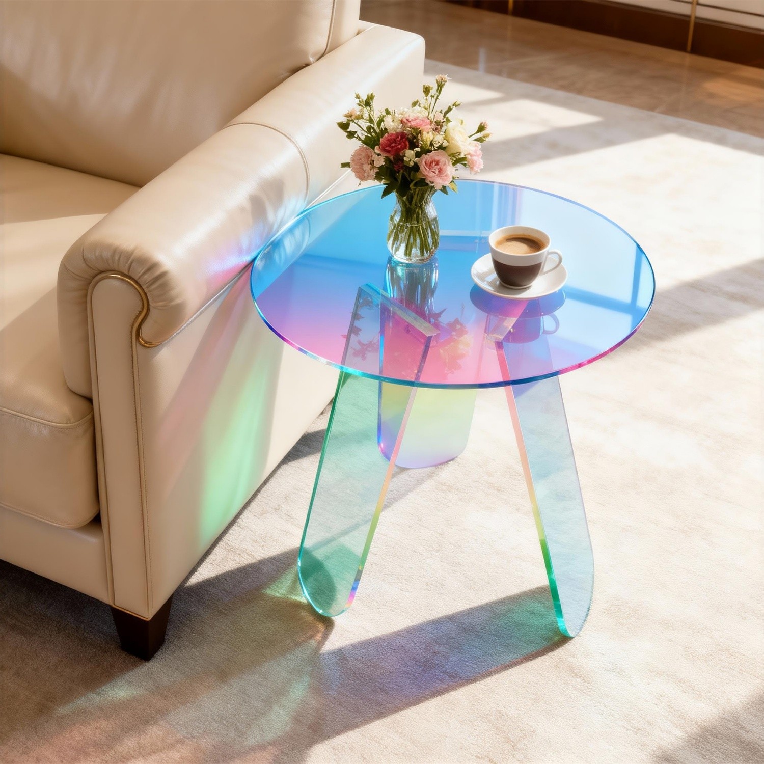 Round Iridescent Side Table Acrylic End Table w/ PVC Table Cover for Living Room