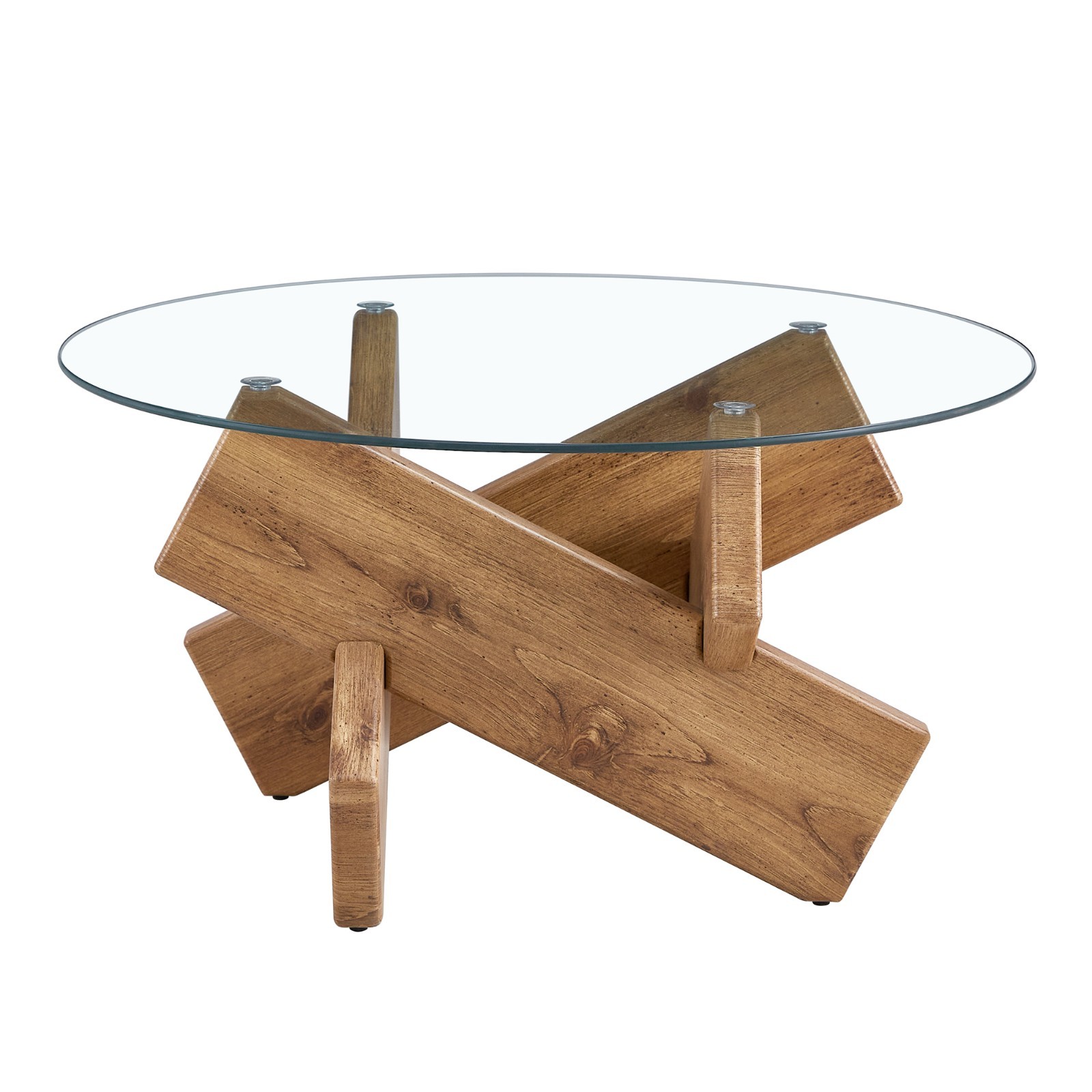 33.4″ Round Tempered Glass Coffee Table Cross MDF Wood Leg Modern Farmhouse