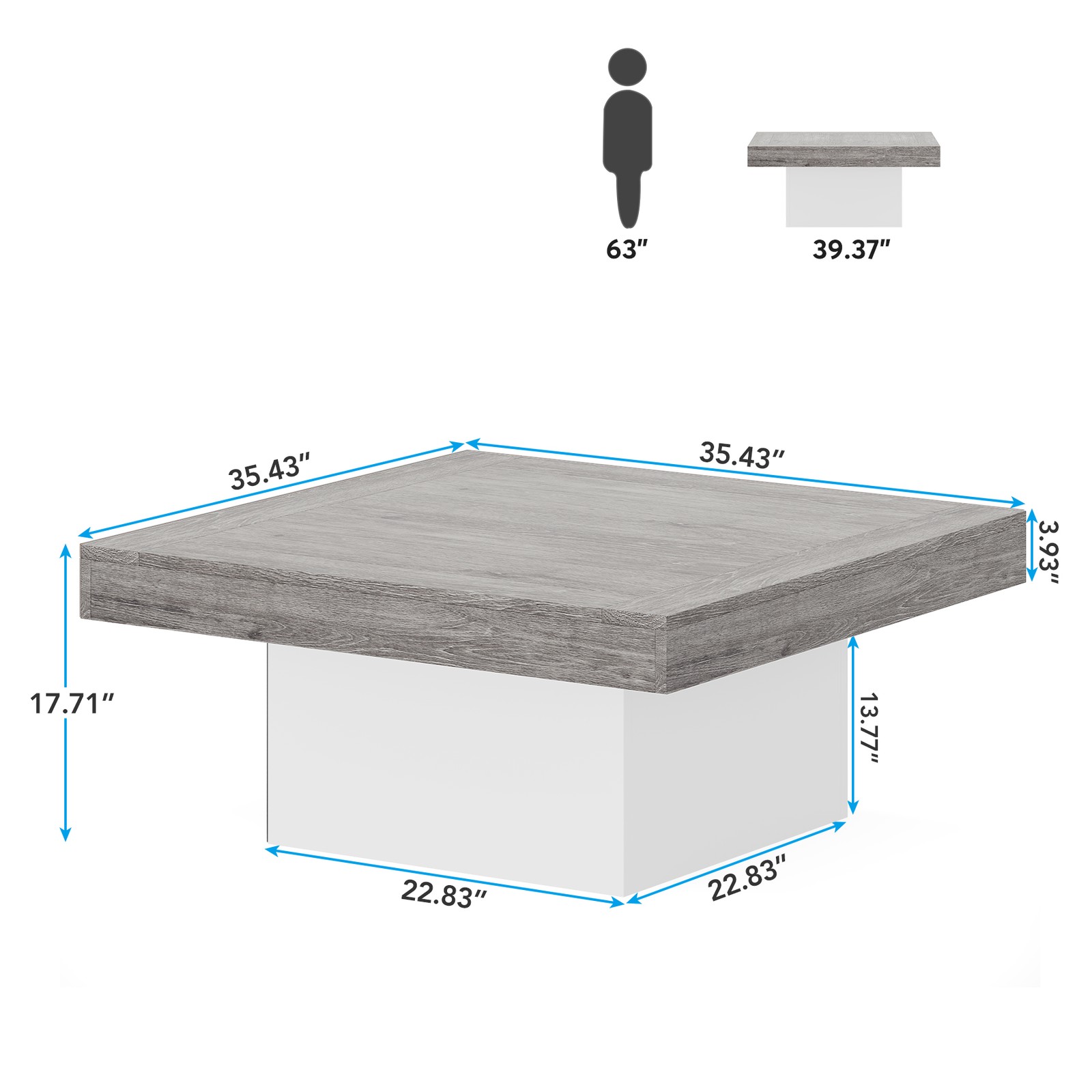 35″ Modern Square Coffee Table with Led Light, Wood Center Table for Living Room