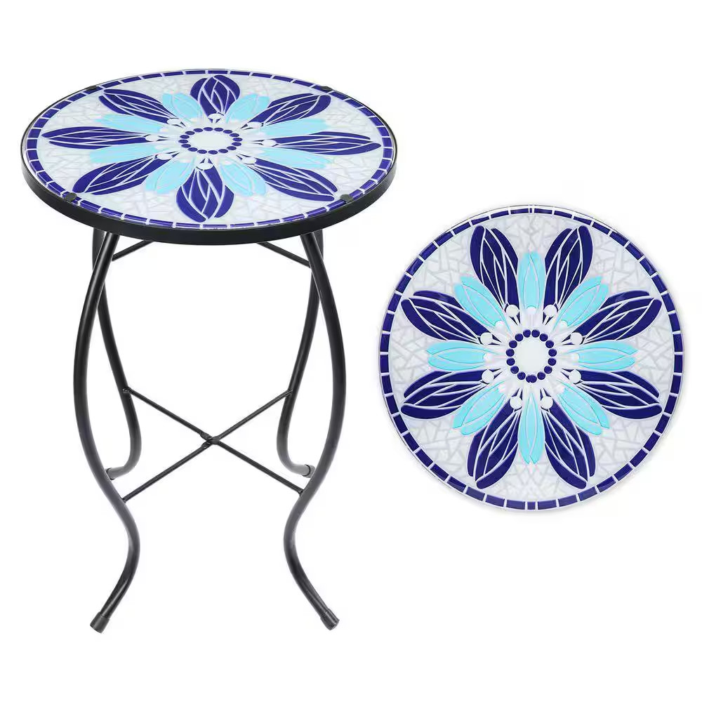 Small Porch Tables Indoor round Glass Balcony Blue Flowers 14 In.
