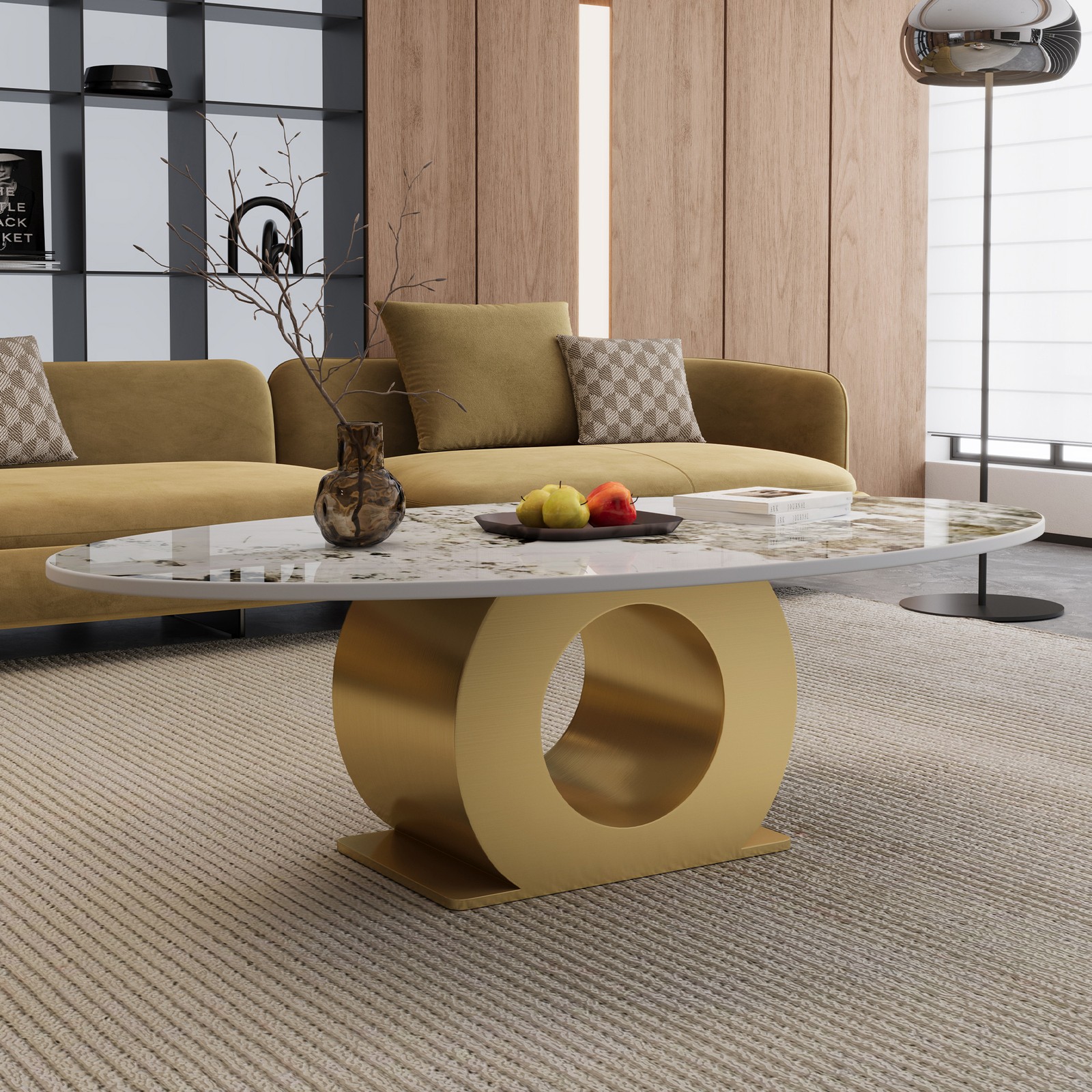 49.2″ Oval Sintered Stone Coffee Table with Stainless Steel Base