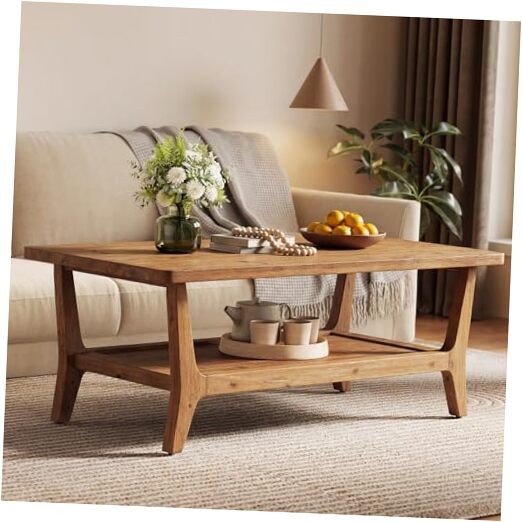 Solid Wood Coffee Table, 47-Inch Living Room Center Warm Cedar Brown Finish