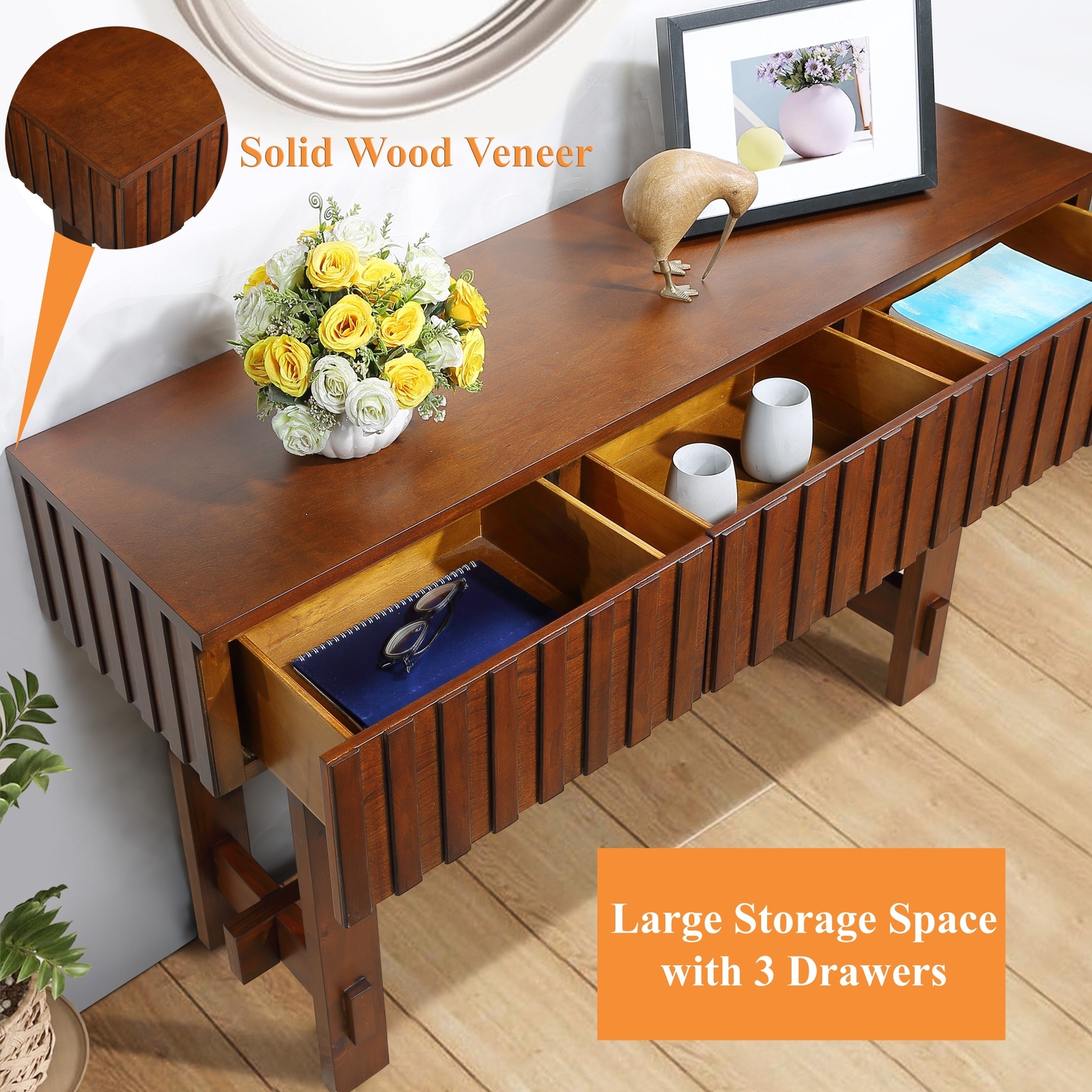 52 Inch Mid Century Farmhouse Fluted Solid Wood Sofa Table with Storage Drawers