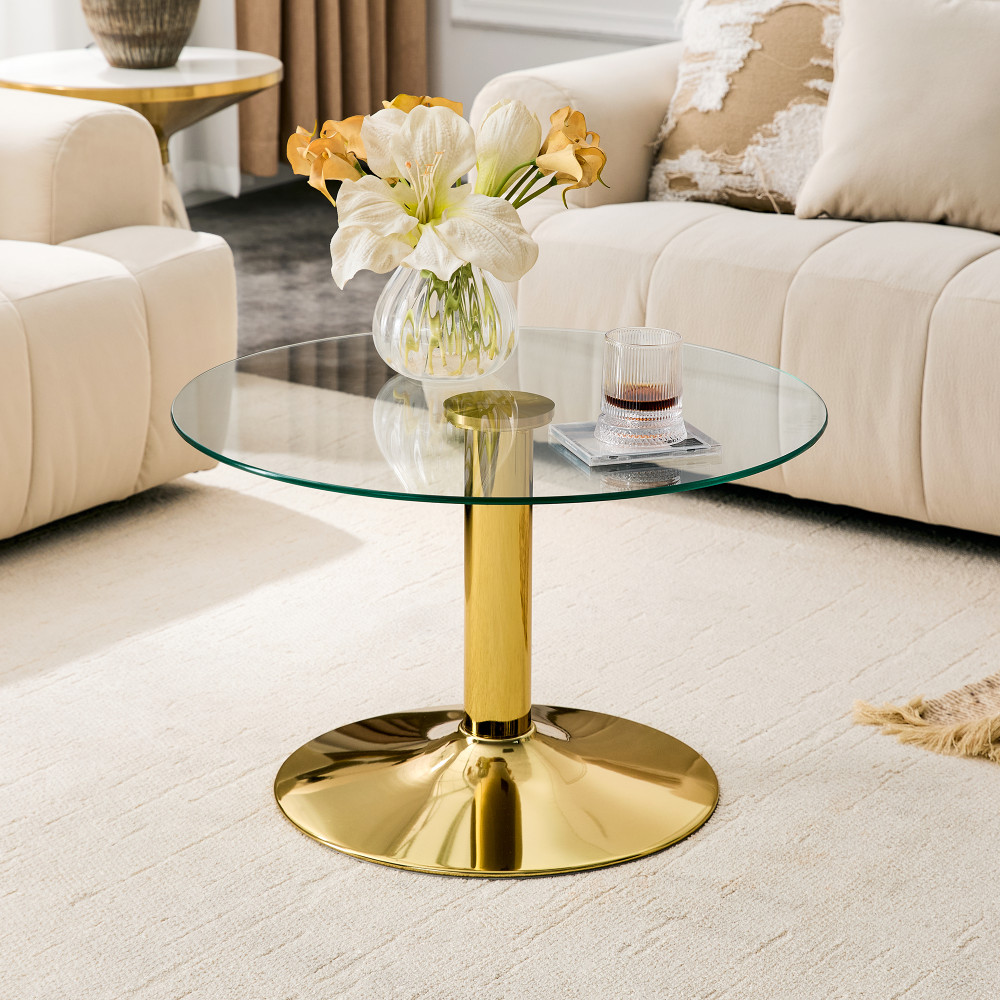 27.5″ Round Glass Coffee Table, Silver Metal Base, Light Luxury Edge, 17.7″ Tall