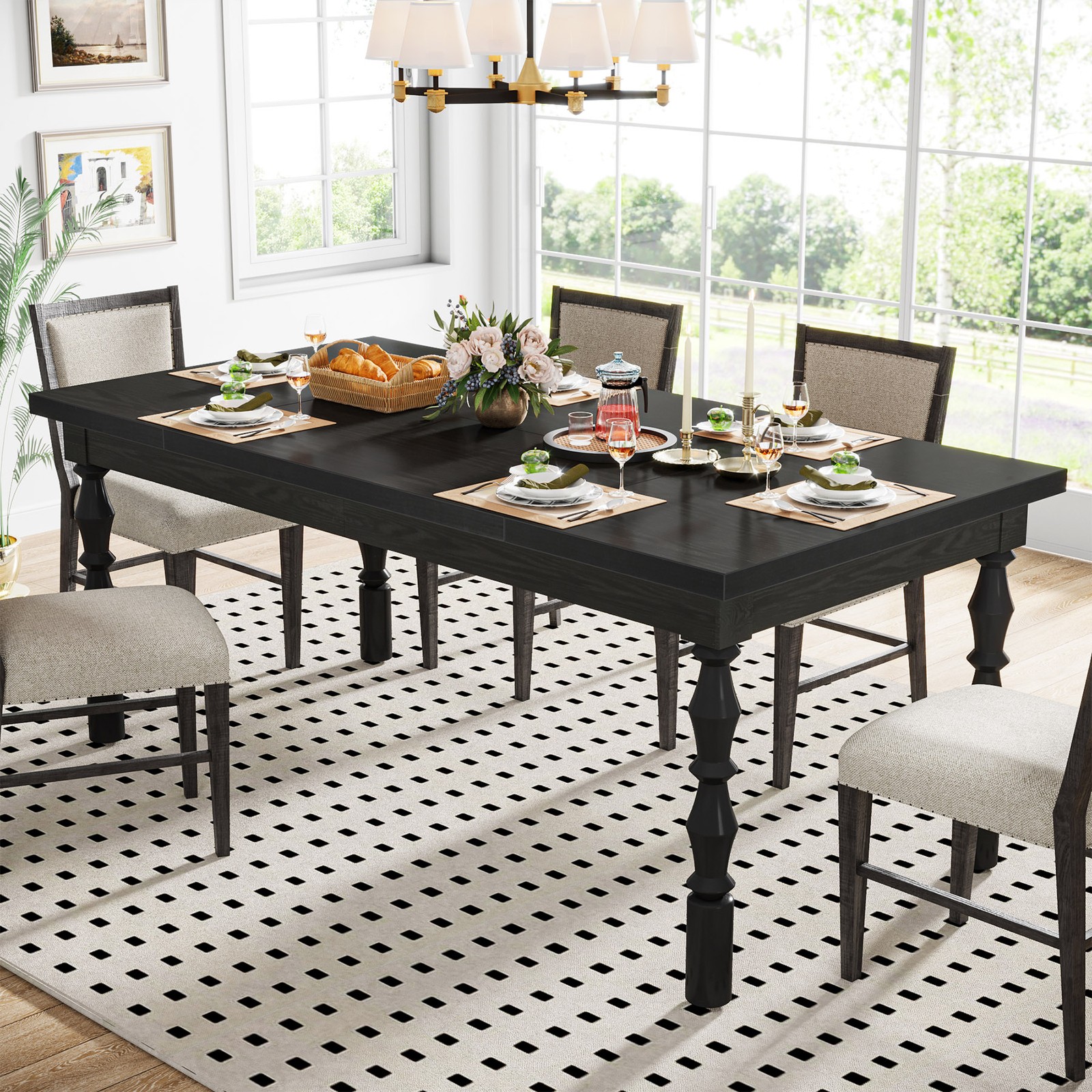 Rectangle Black Dining Table 62” Farmhouse Wooden Kitchen Table for 4-6 People