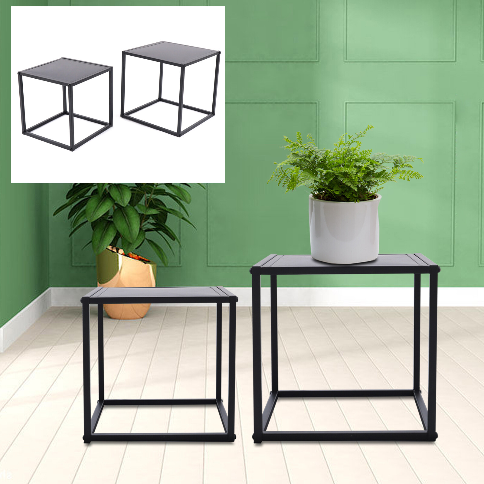 2x Square Coffee Table End Table Modern Metal Side Table Matt Black Home Office