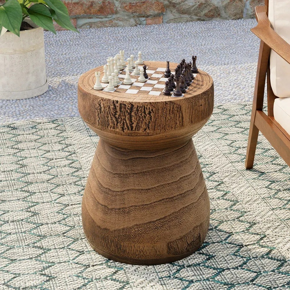 Rustic Wood Chess Board Table Outdoor Patio Side Stool Mushroom Shape Accent Set