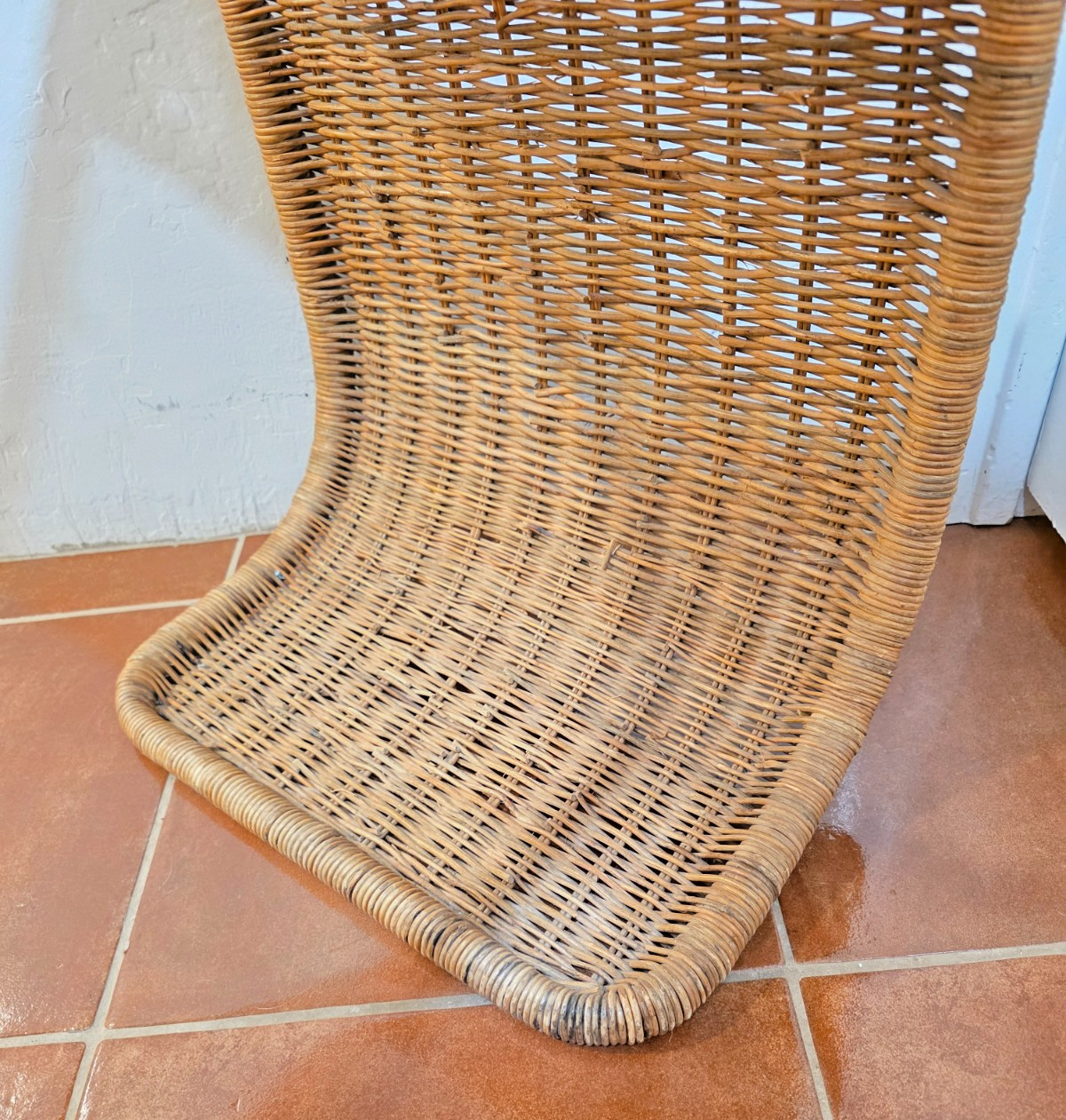 Vintage 1970s Wicker Waterfall Side End or Coffee Table Smoky Glass Top MCM Boho